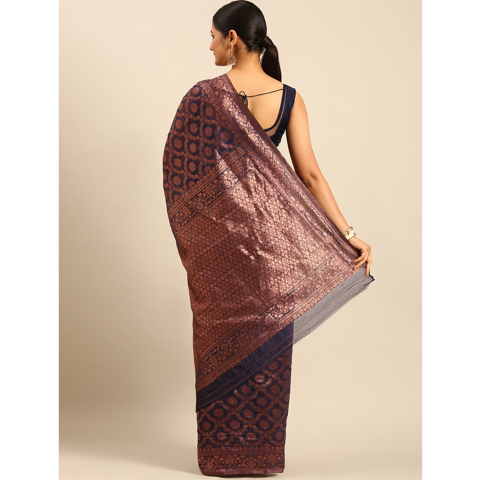 Navy Blue Floral Woven Cotton Silk Saree
