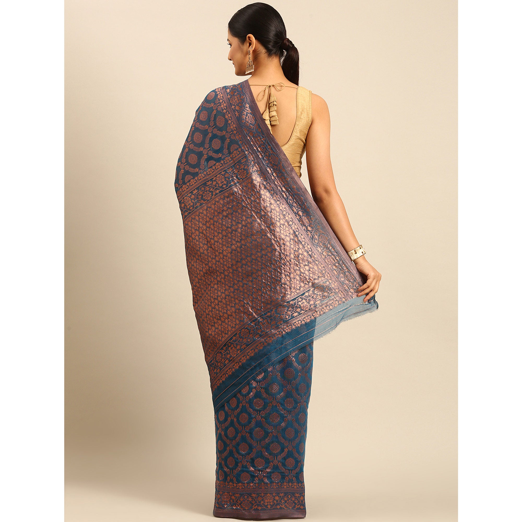 Teal Floral Woven Cotton Silk Saree
