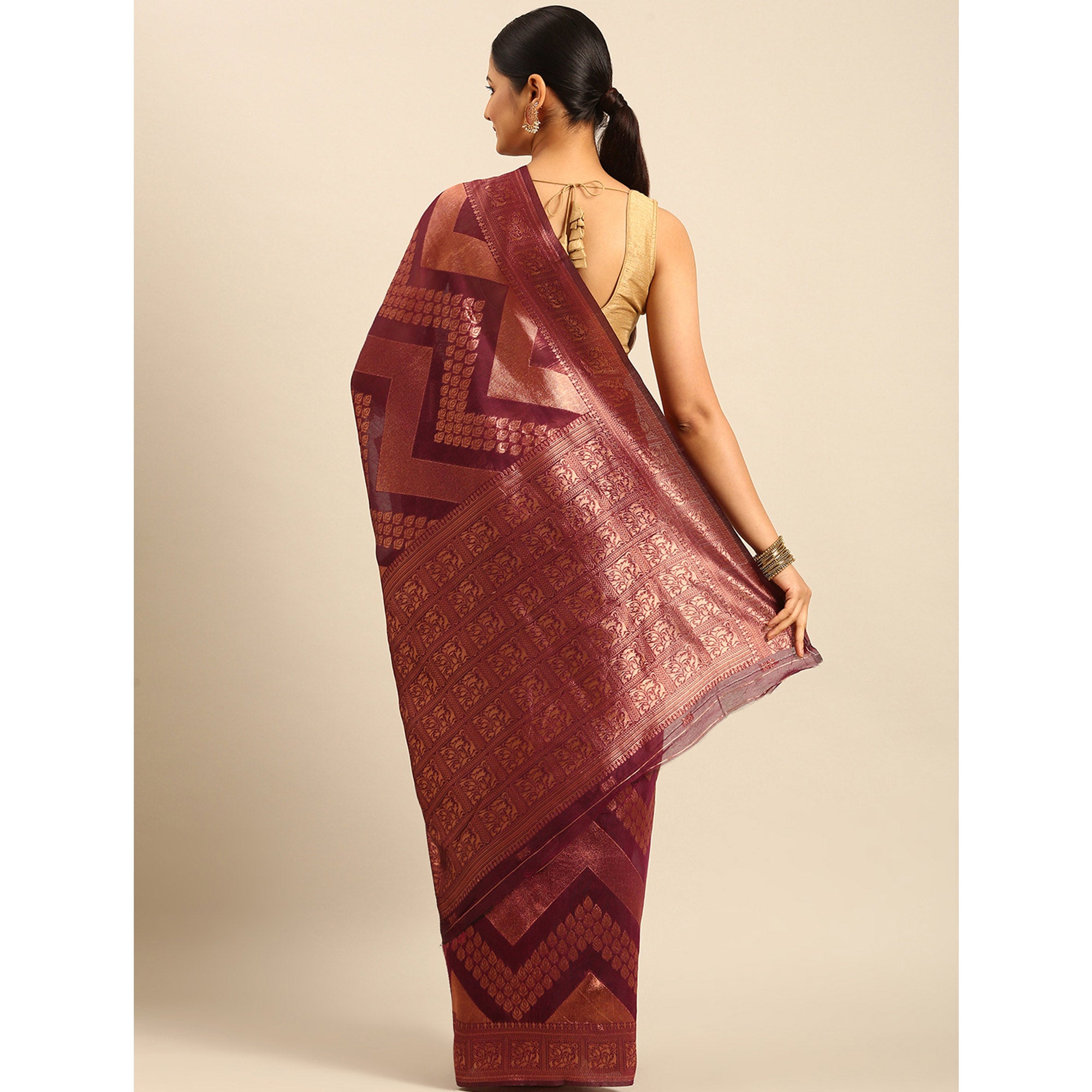 Wine Floral Woven Cotton Silk Saree