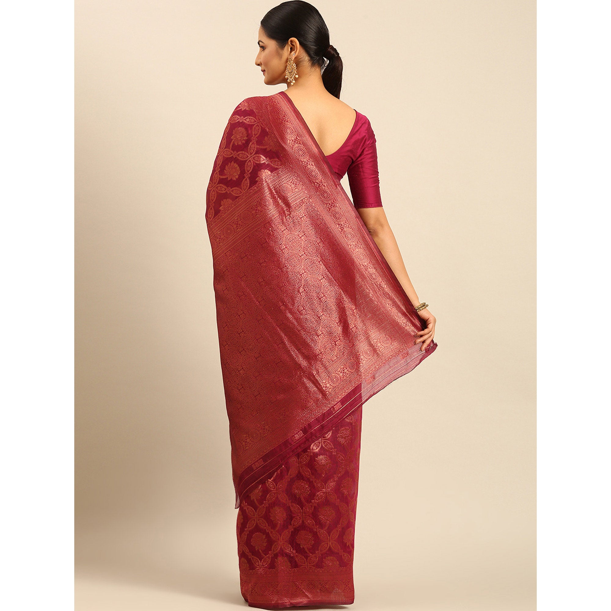Magenta Floral Woven Cotton Silk Saree