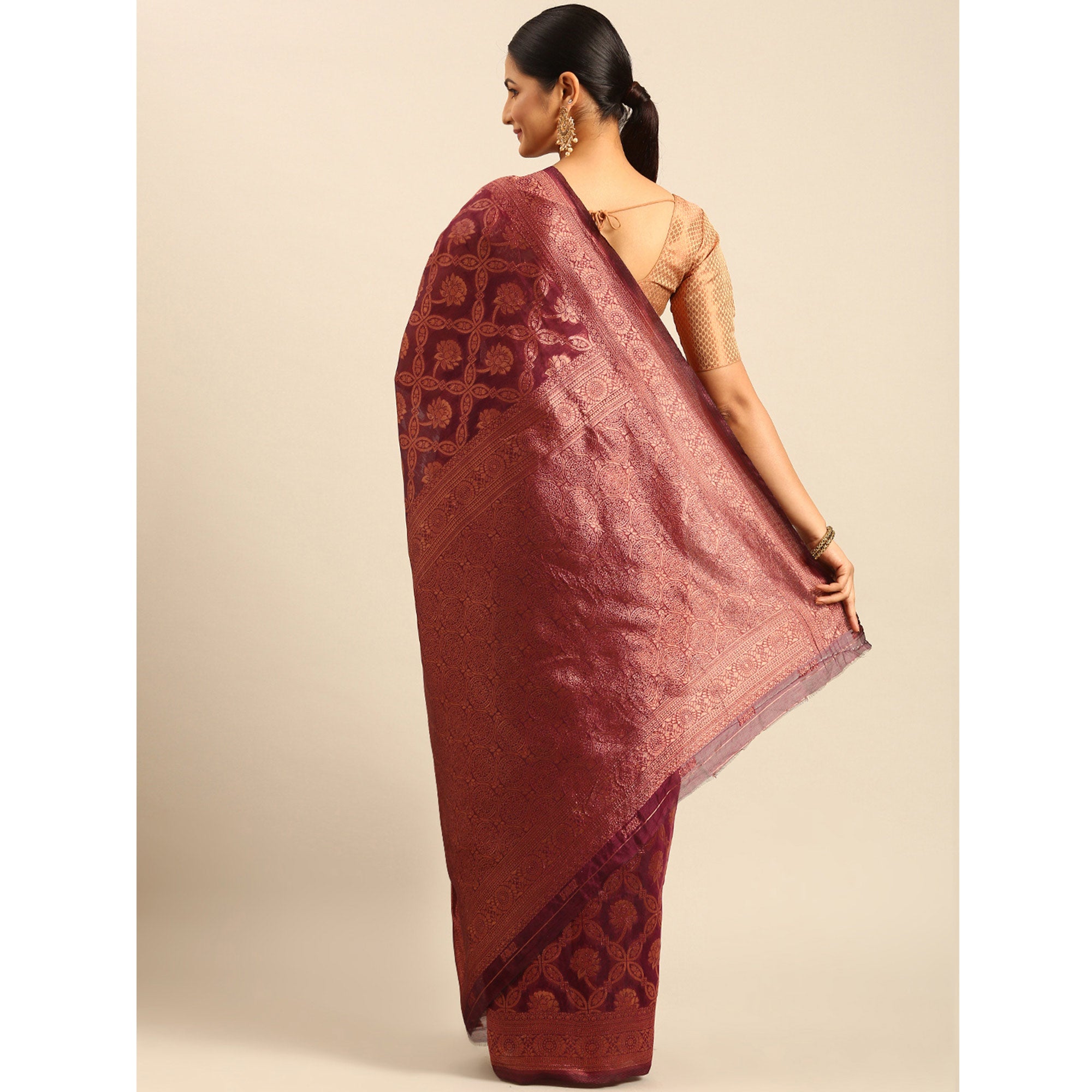 Wine Floral Woven Cotton Silk Saree