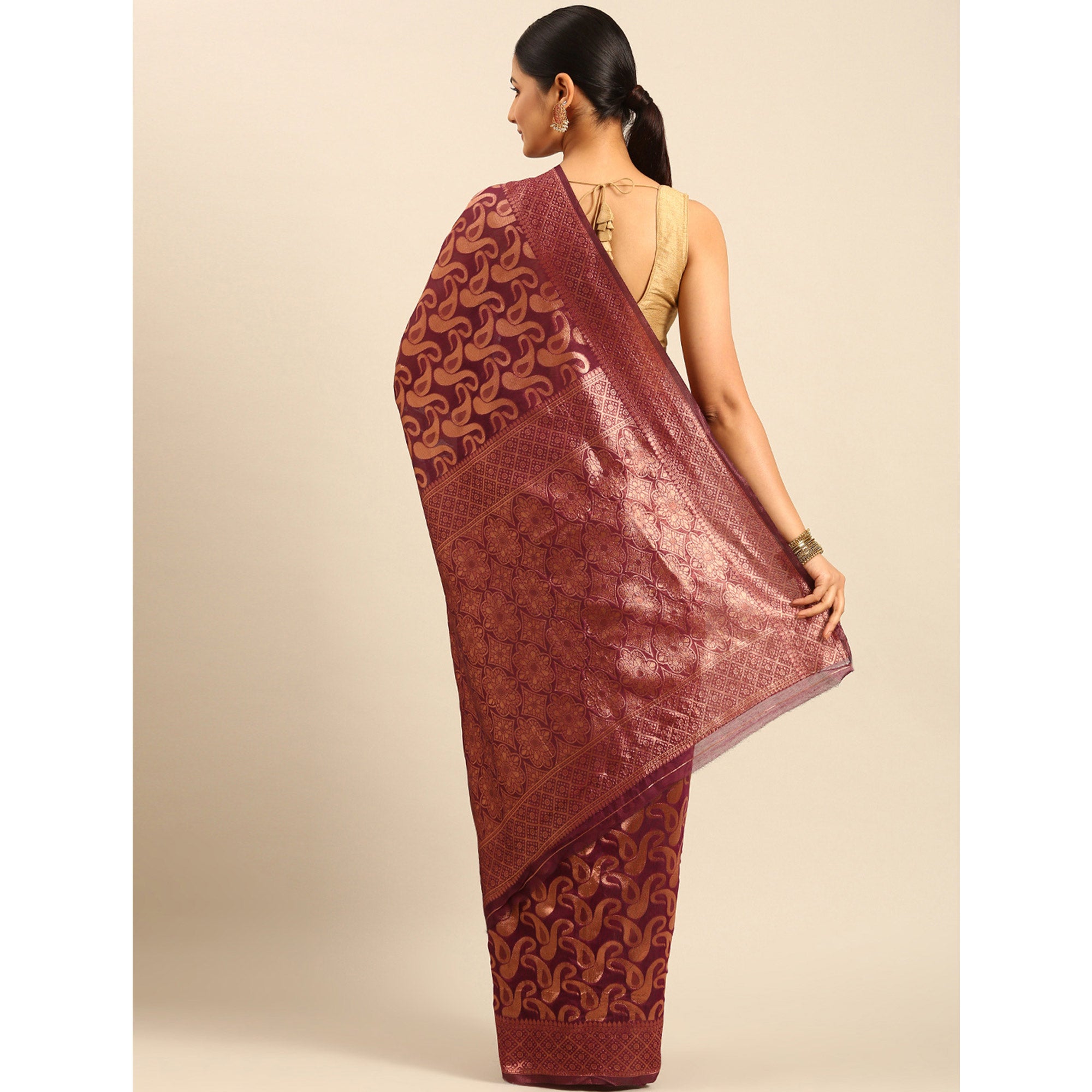 Wine Floral Woven Cotton Silk Saree