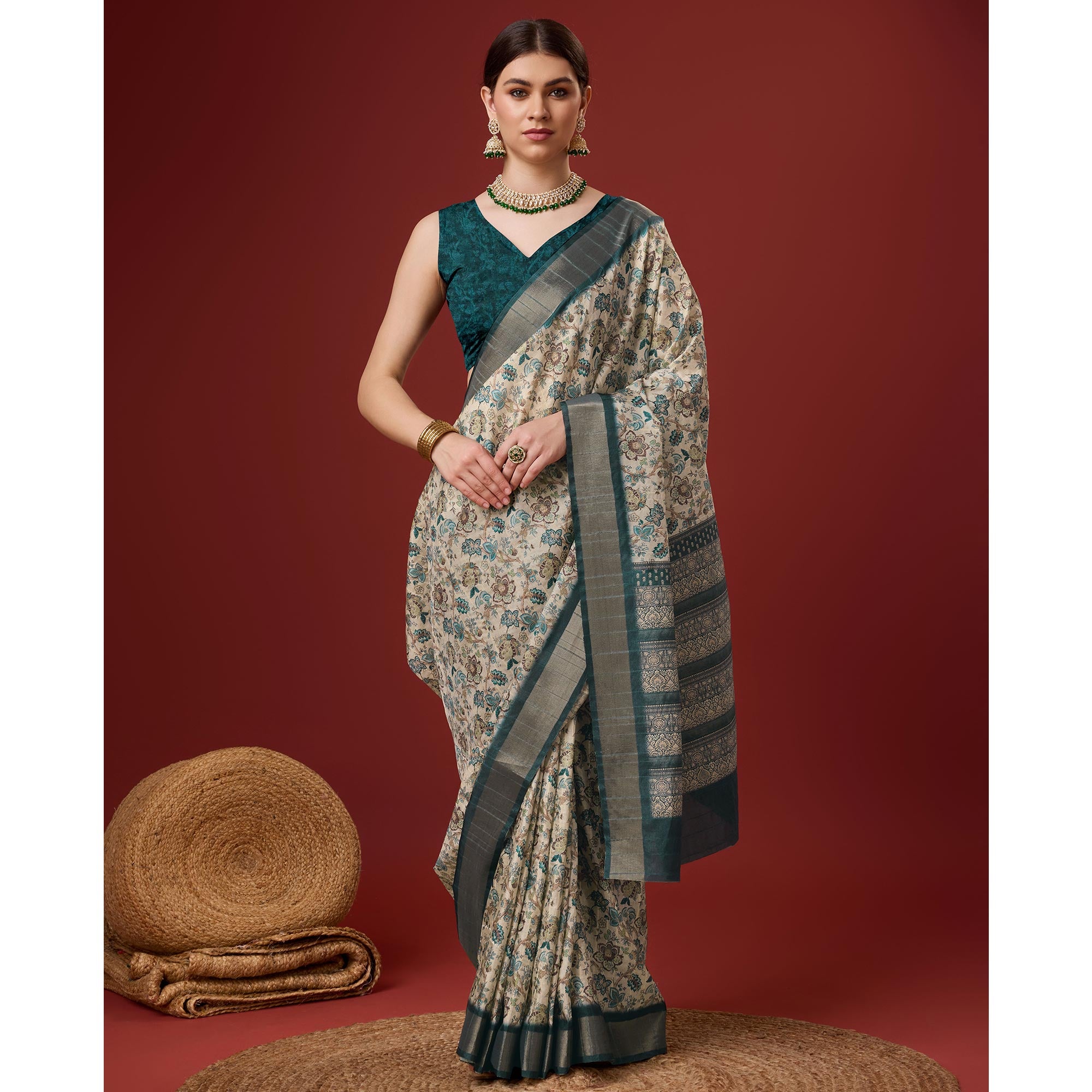 Dusty Cream Digital Printed Cotton Silk Saree