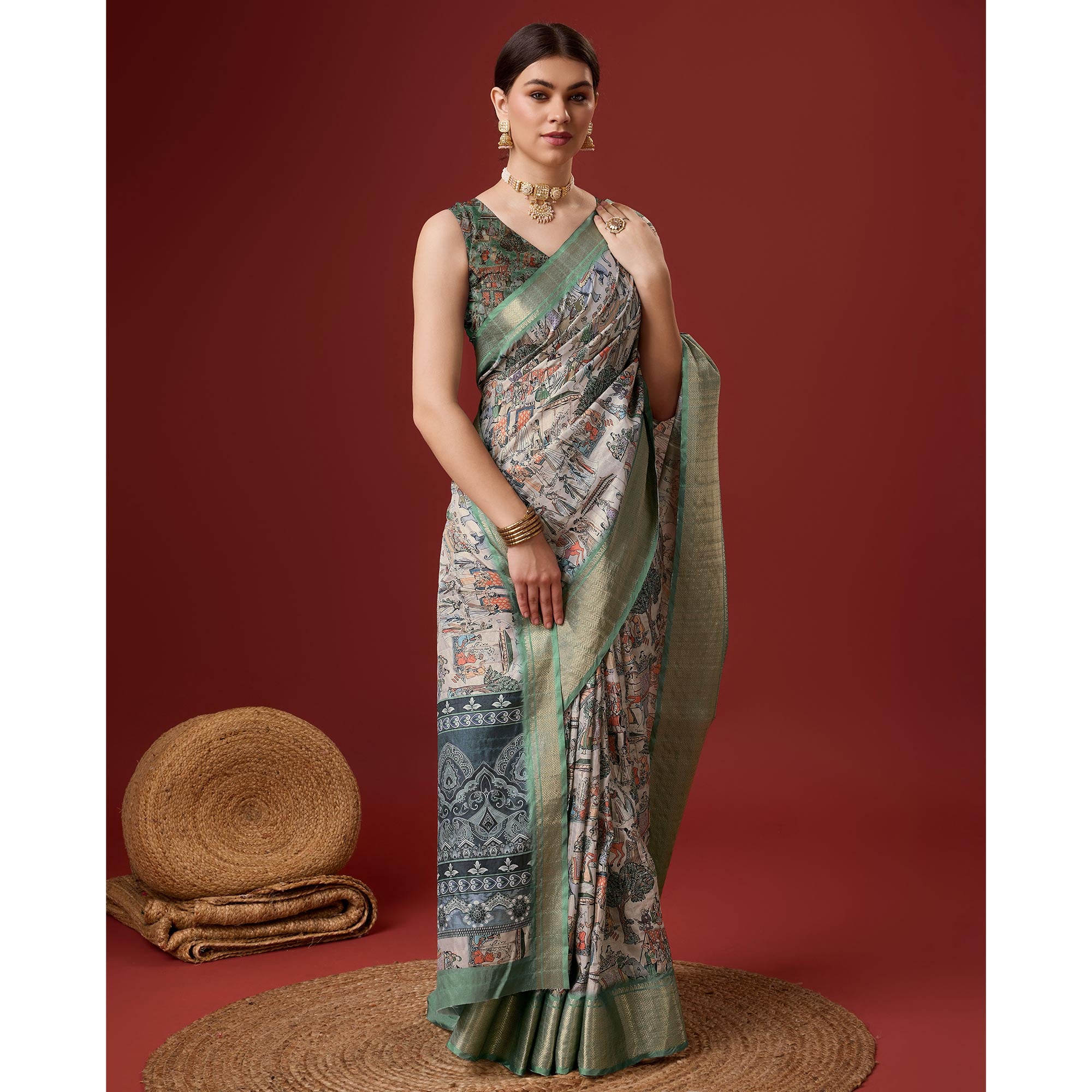 Ash Grey Digital Printed Cotton Silk Saree