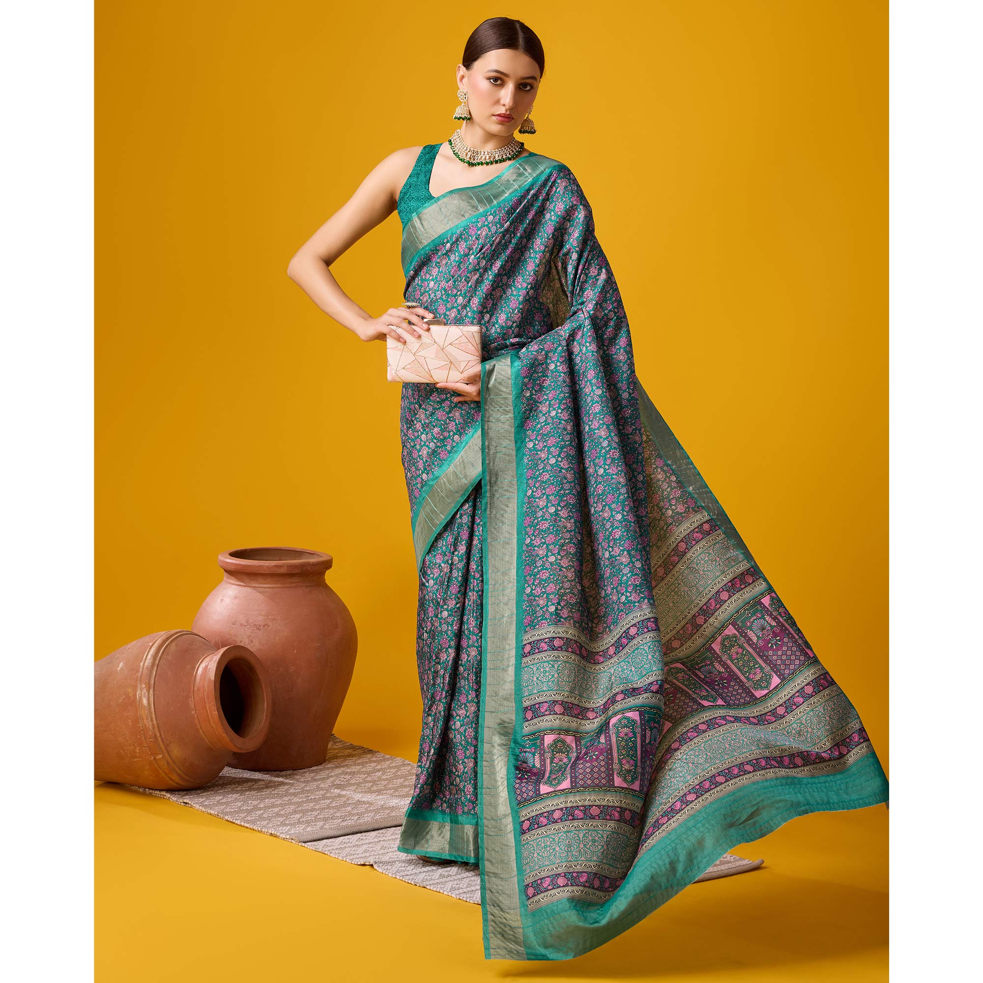 Rama Green Digital Printed Cotton Silk Saree