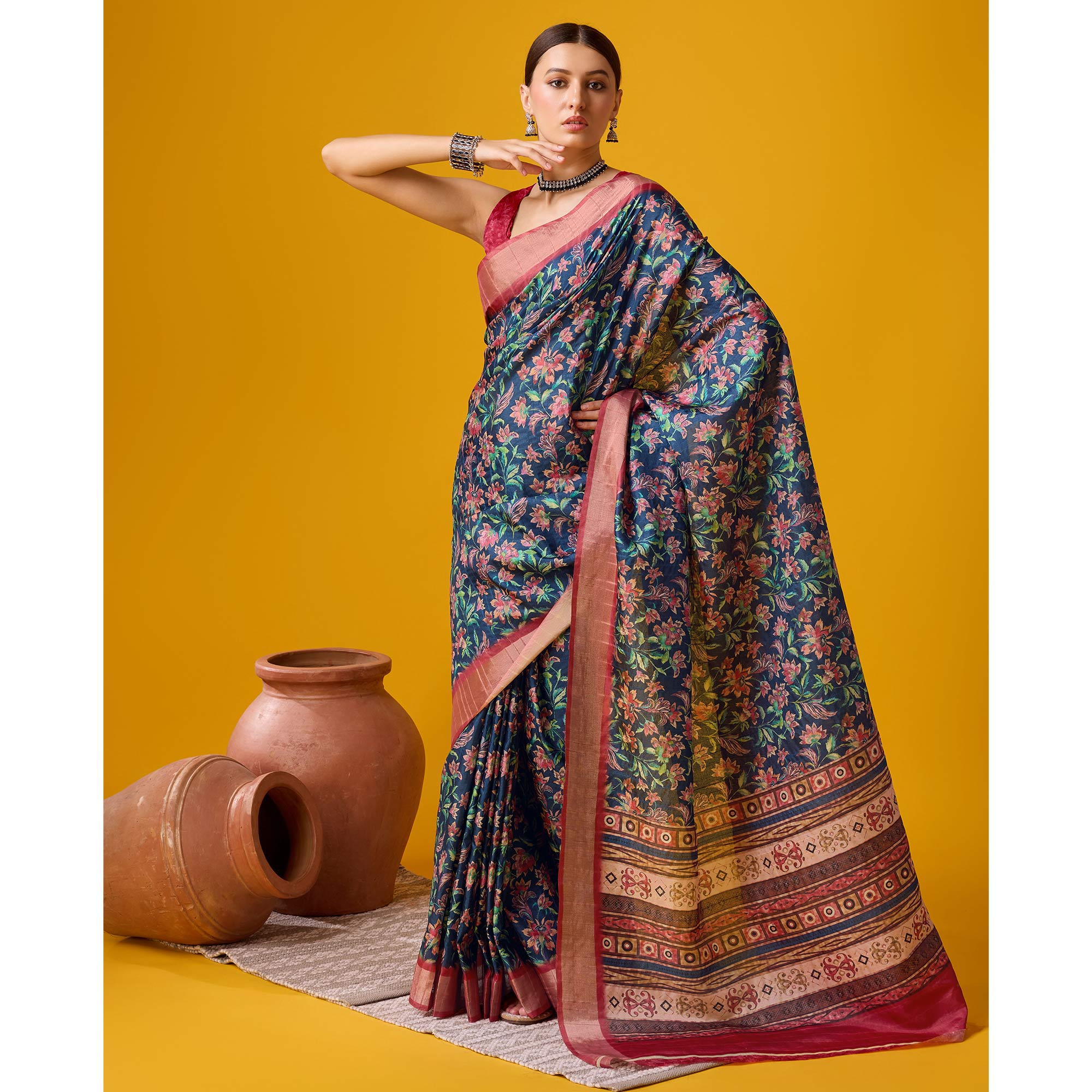 Navy Blue Digital Printed Cotton Silk Saree