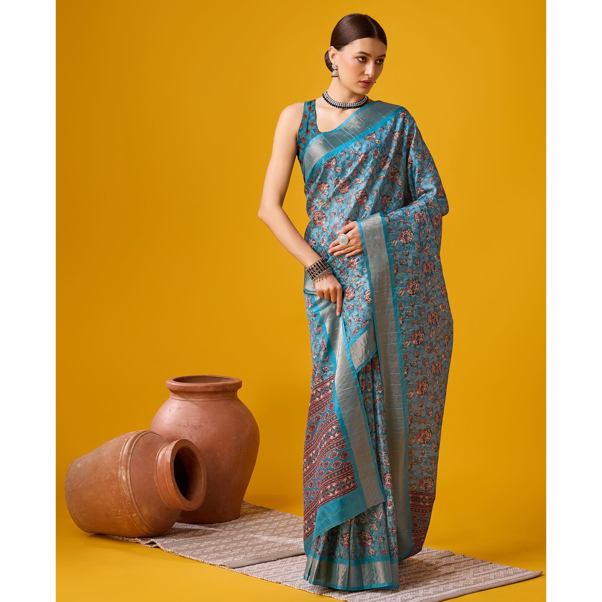 Sky Blue Digital Printed Cotton Silk Saree