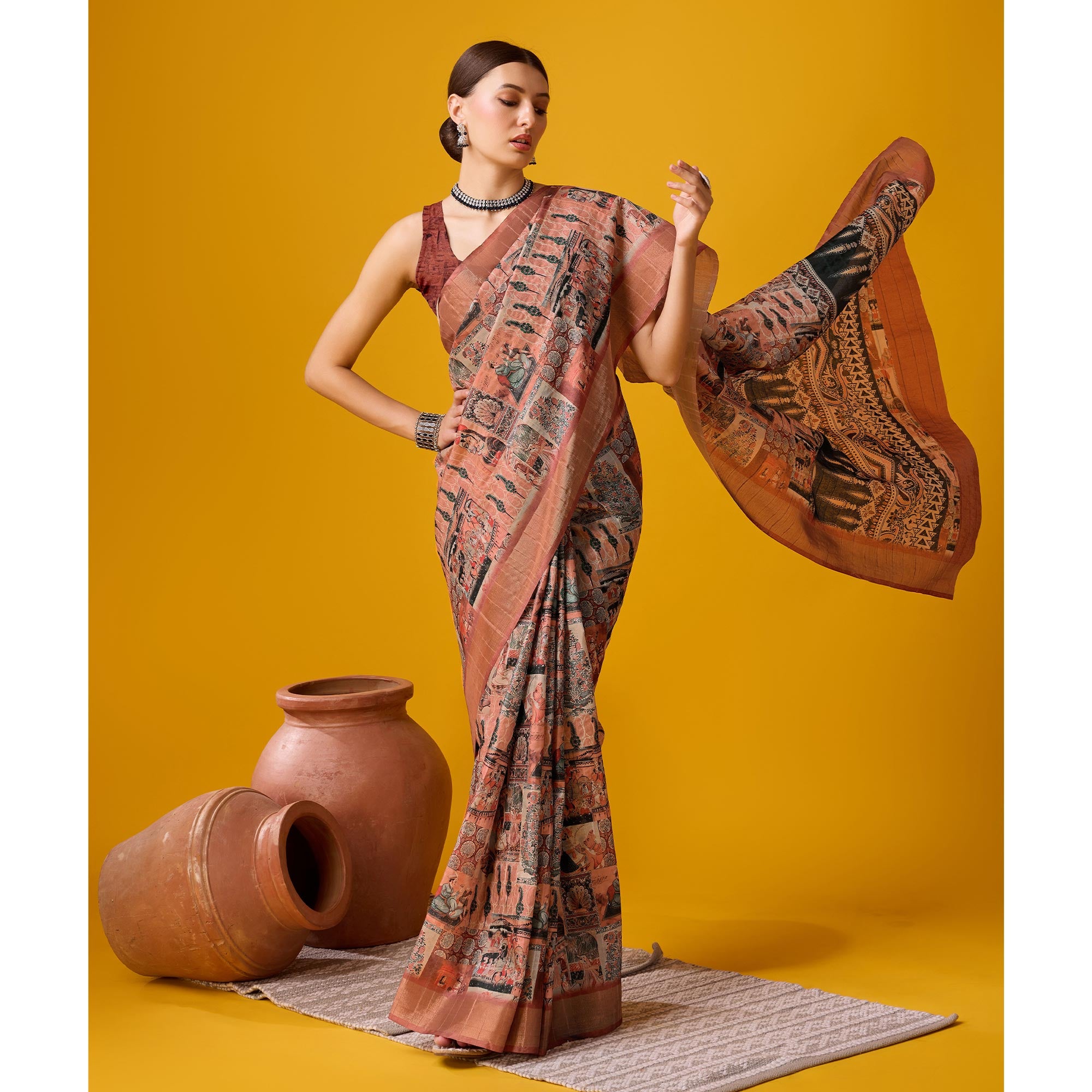 Peach Digital Printed Cotton Silk Saree