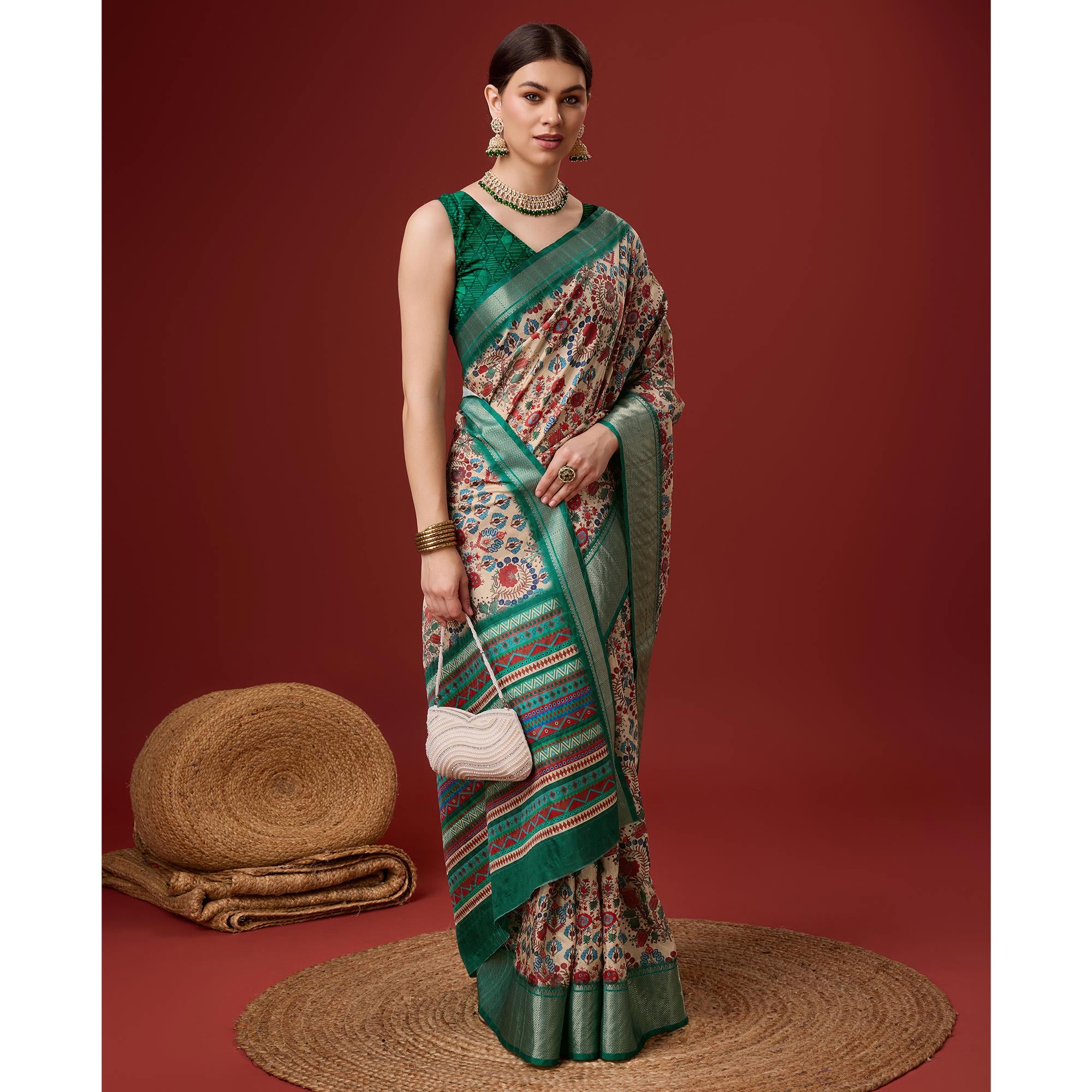 Beige Digital Printed Cotton Silk Saree With Border