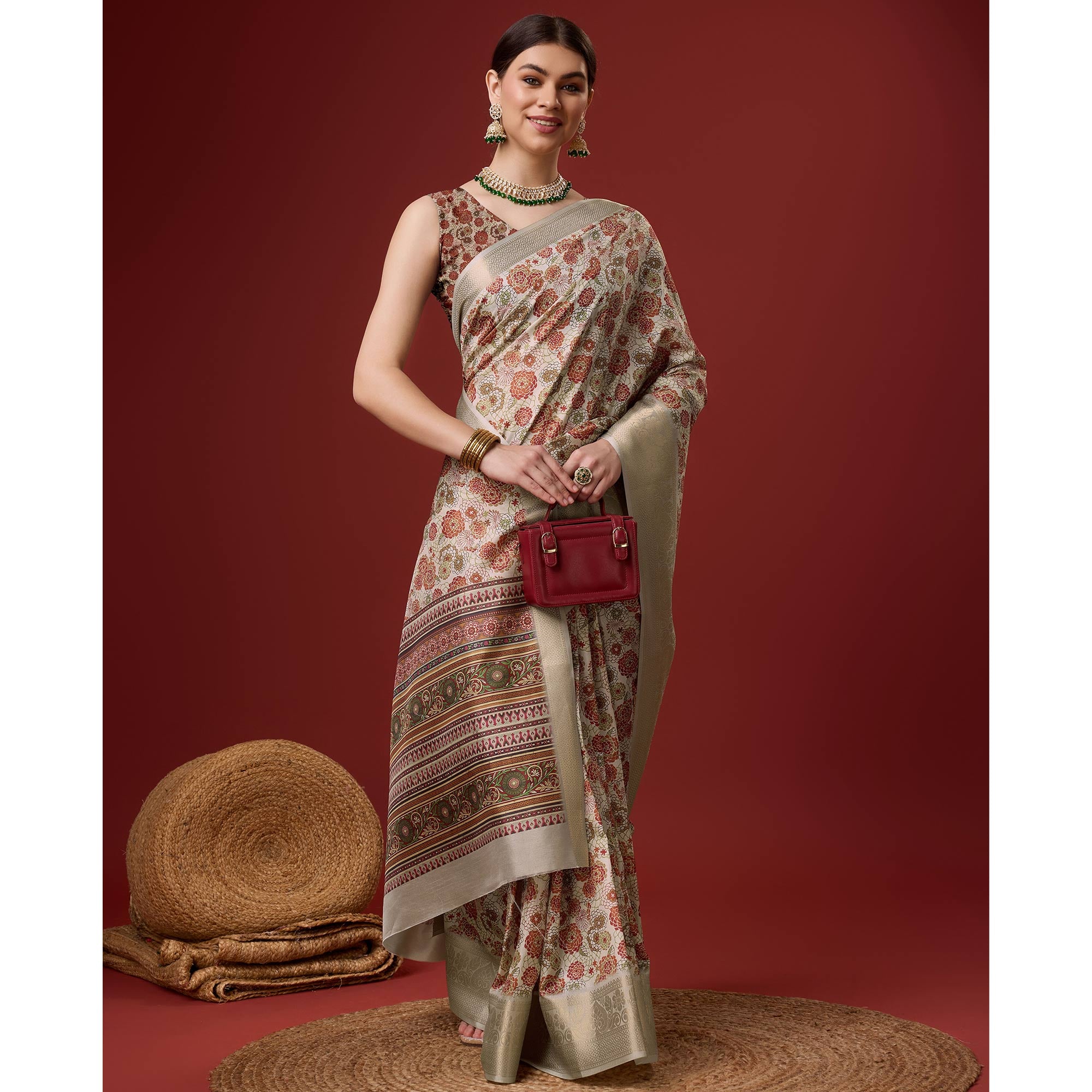 Beige Digital Printed Cotton Silk Saree With Border