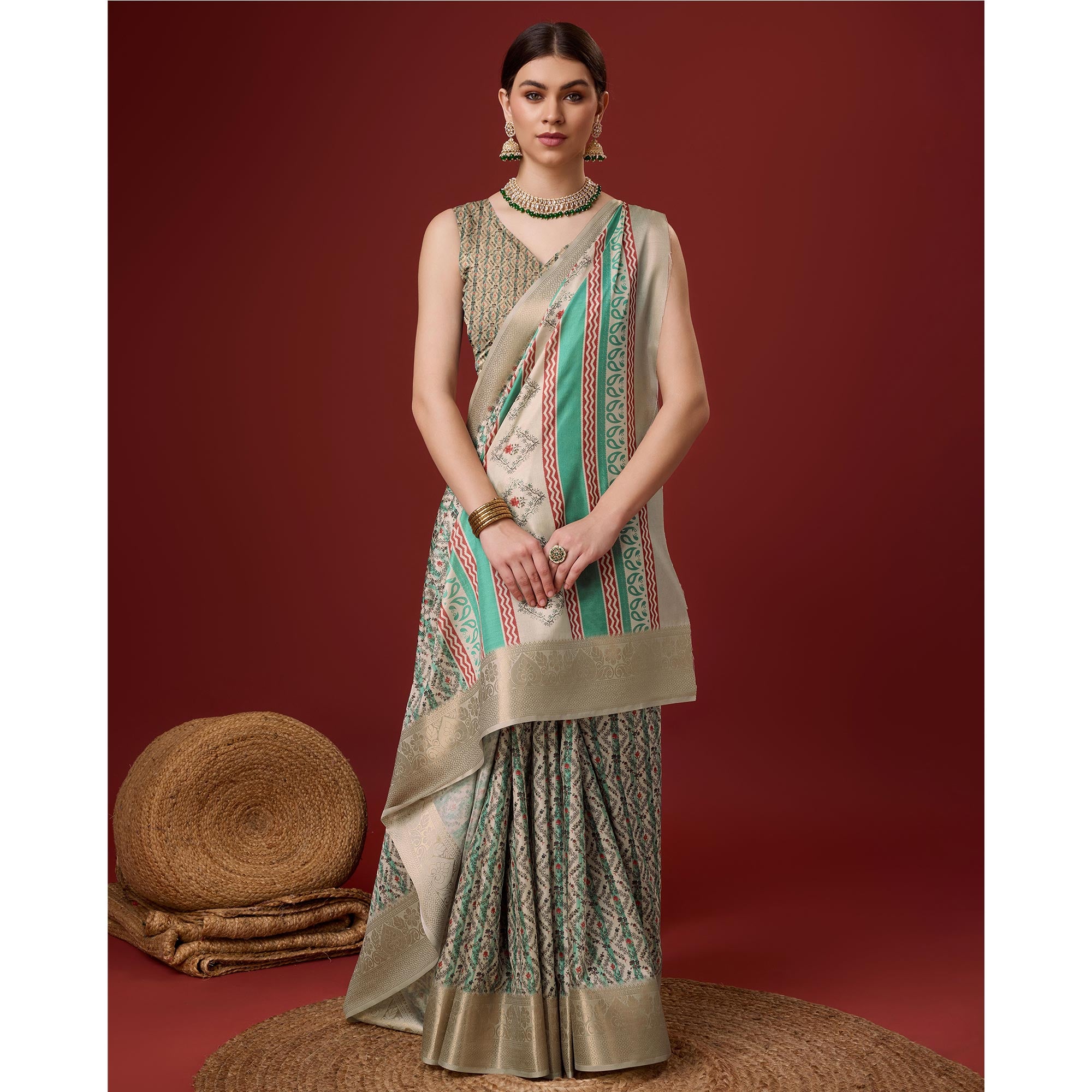 Beige Digital Printed Cotton Silk Saree With Border