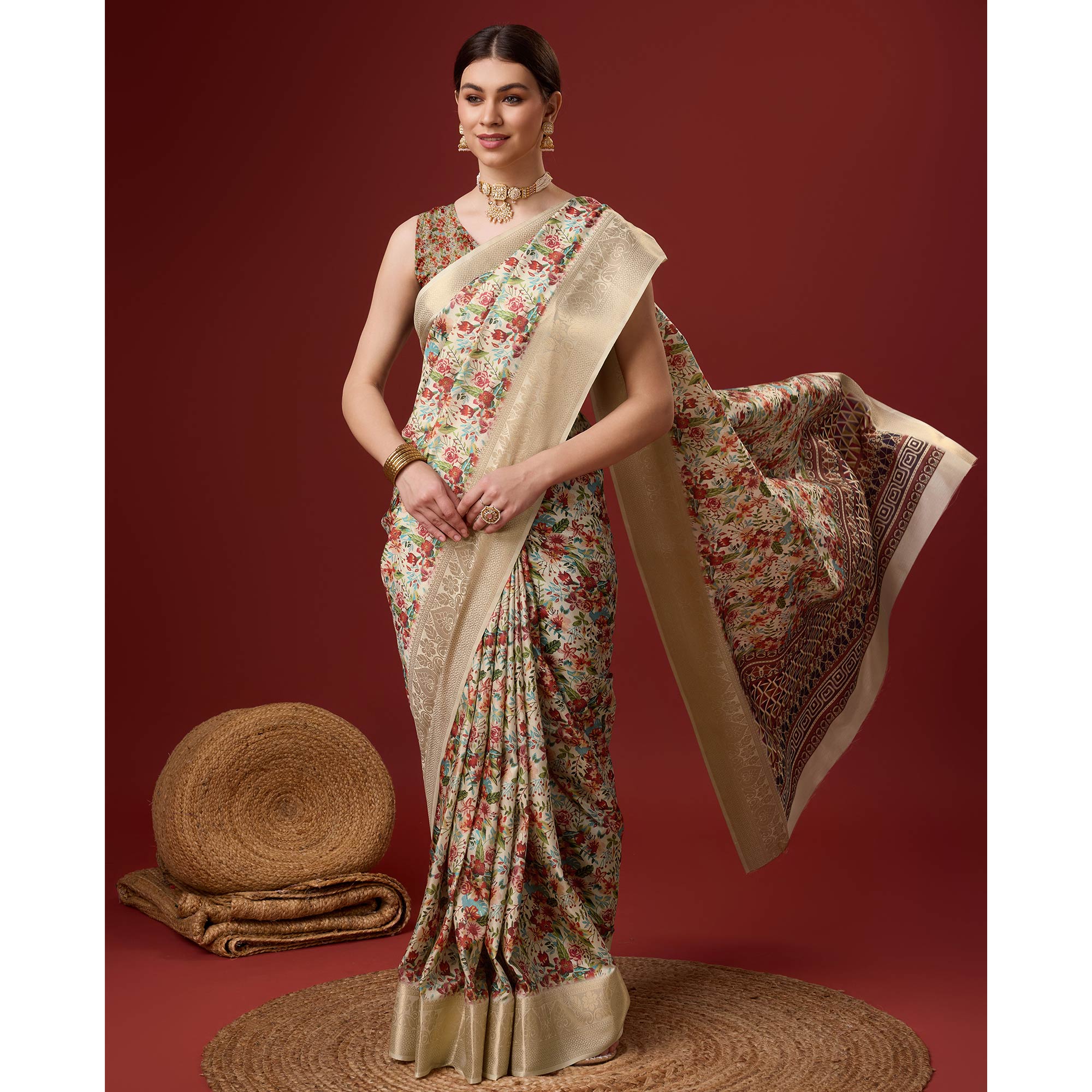 Beige Digital Printed Cotton Silk Saree With Border
