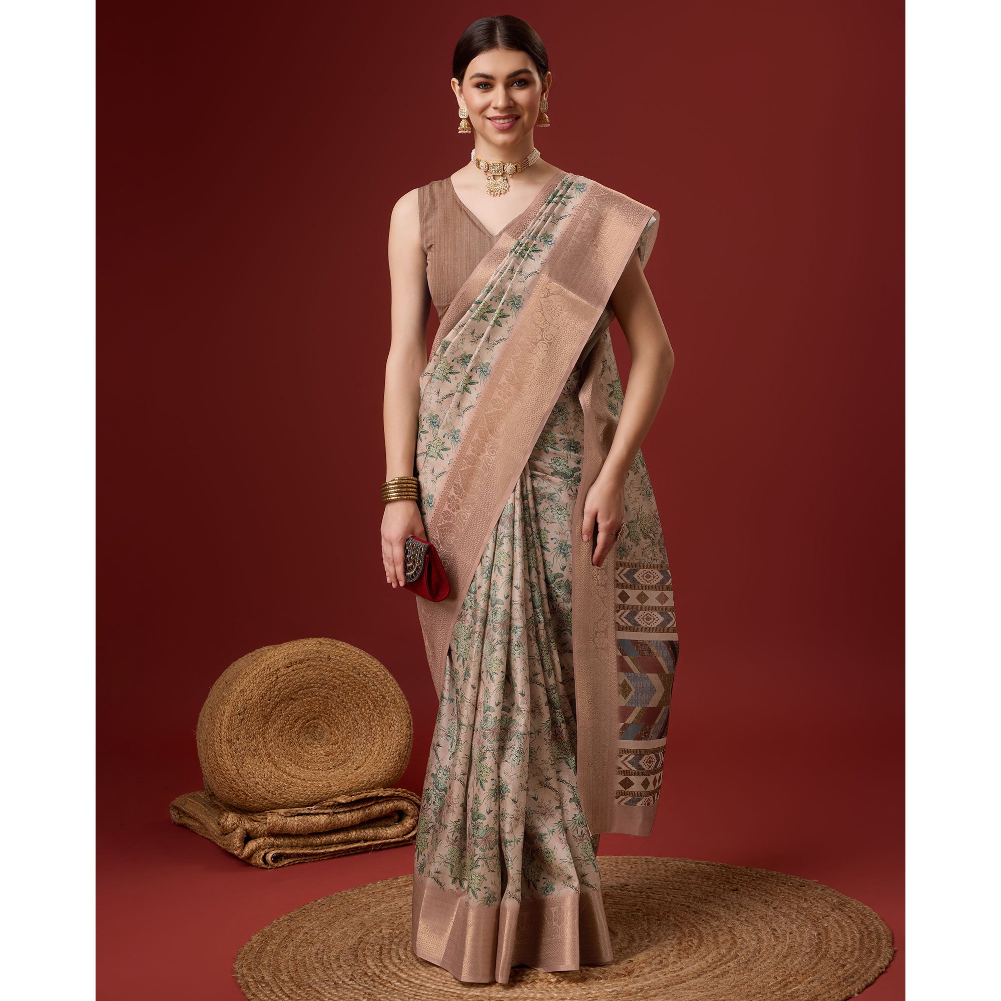 Beige Digital Printed Cotton Silk Saree With Border