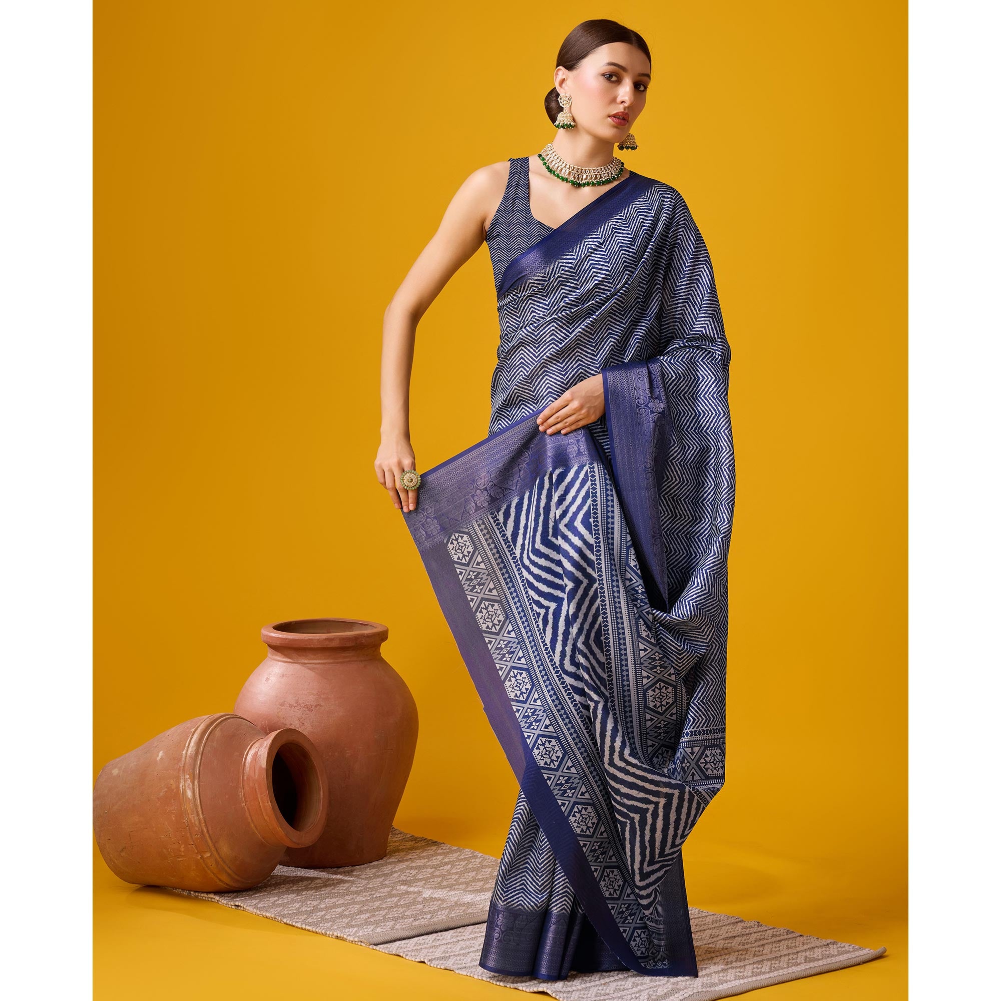 Blue Digital Printed Cotton Silk Saree With Border