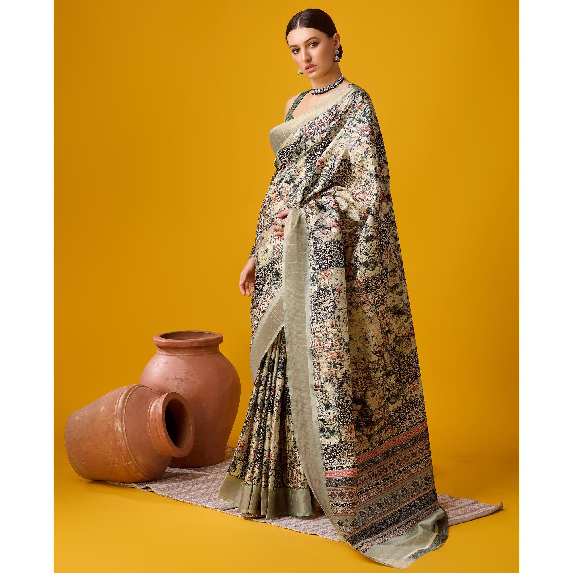 Beige Digital Printed Cotton Silk Saree With Border