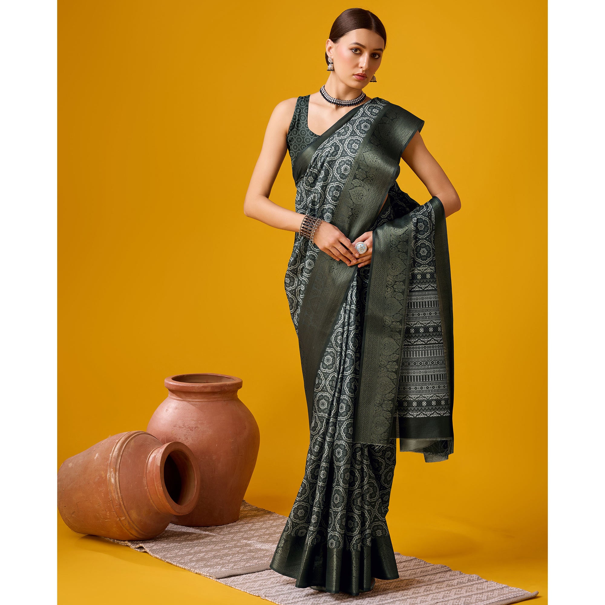 Black Digital Printed Cotton Silk Saree With Border