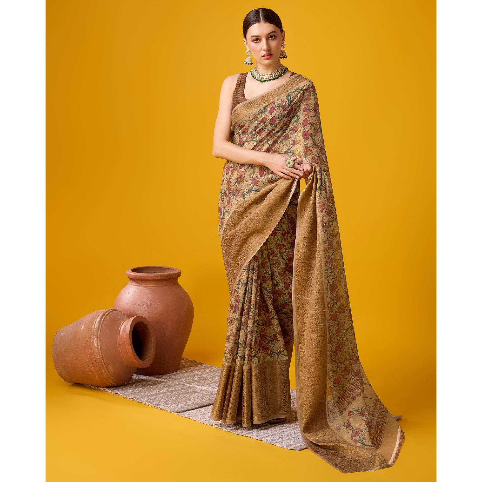 Beige Digital Printed Cotton Silk Saree With Border