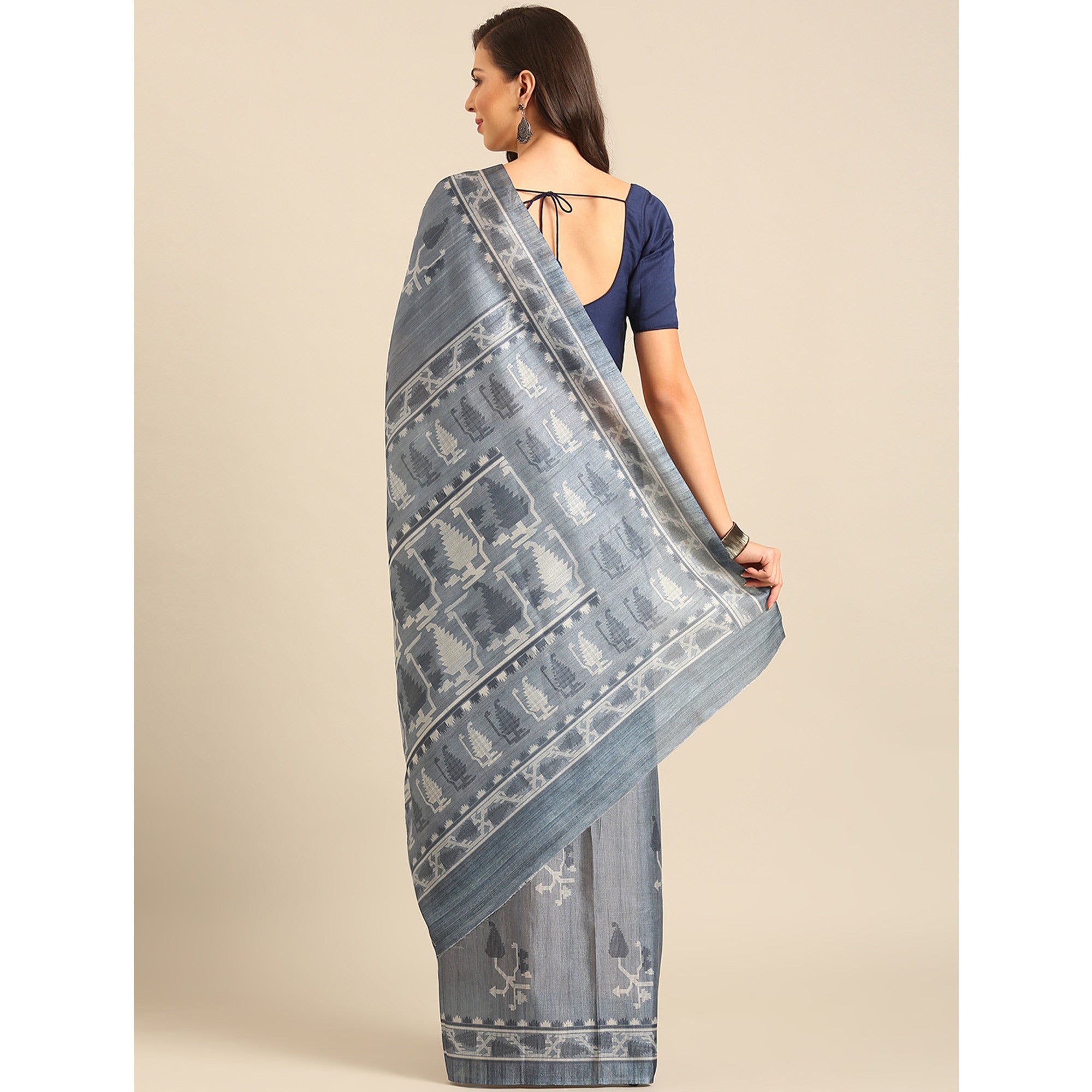Grey Digital Print Cotton Blend Saree