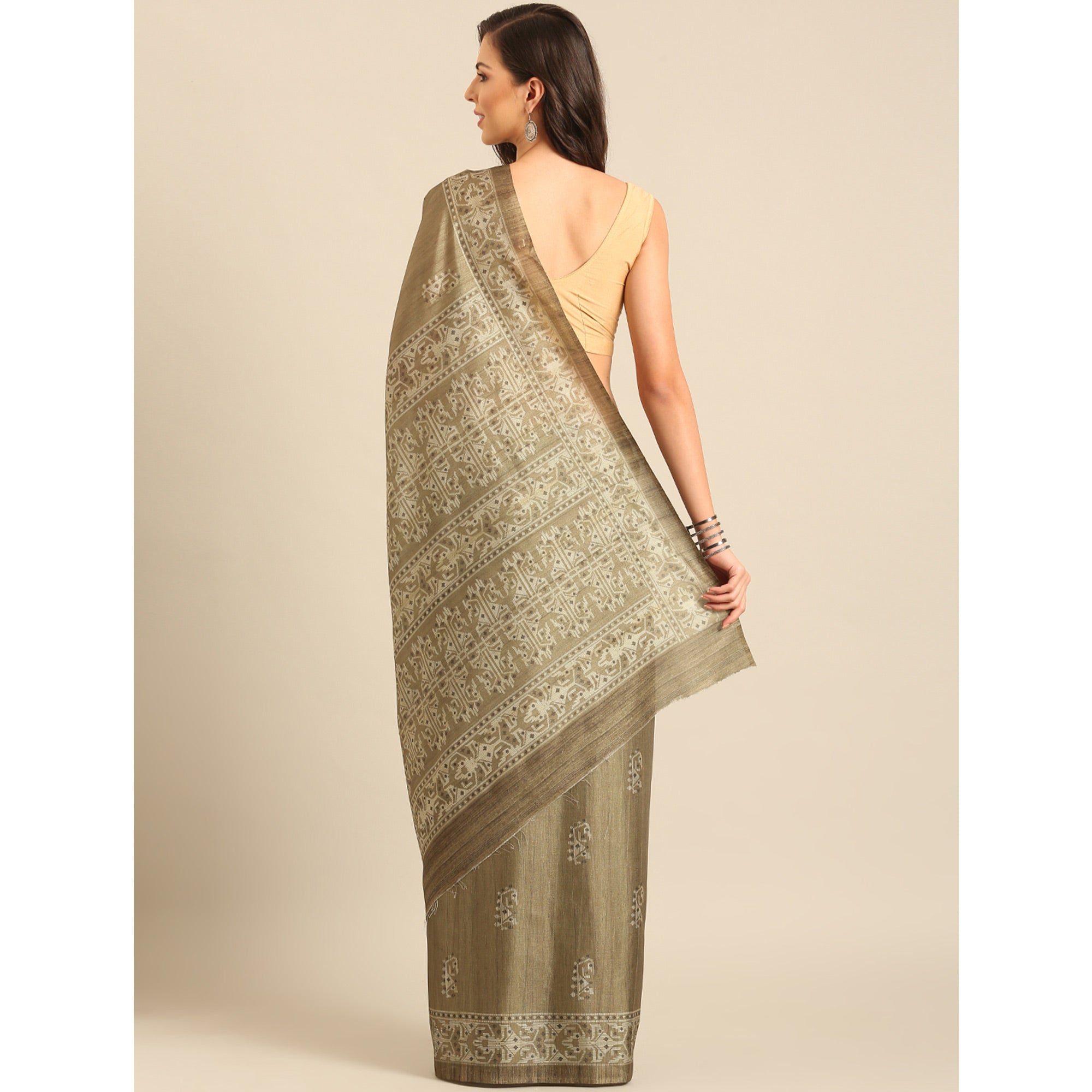 Taupe Digital Printed Cotton Blend Saree