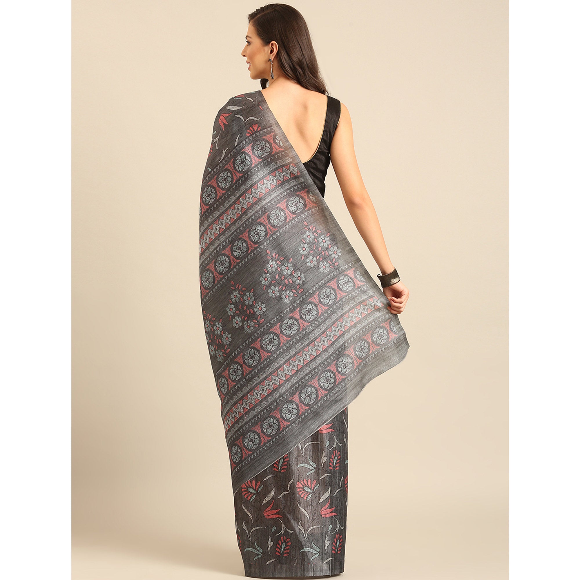 Grey Floral Digital Printed Cotton Blend Saree