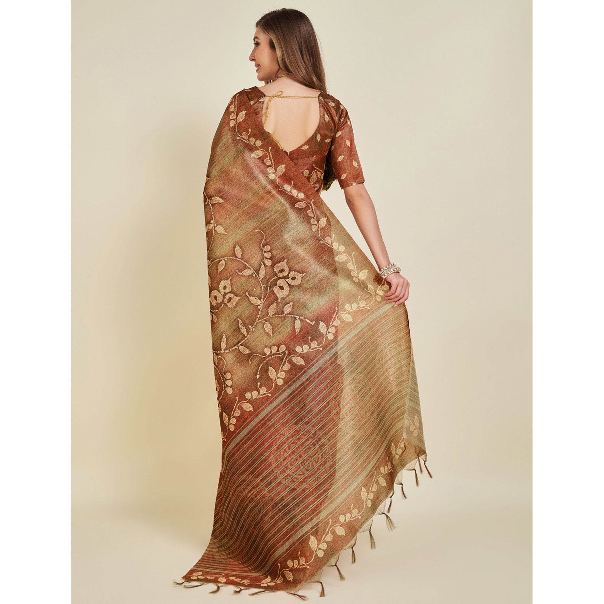 Brown Digital Printed Bhagalpuri Silk Saree With Tassels