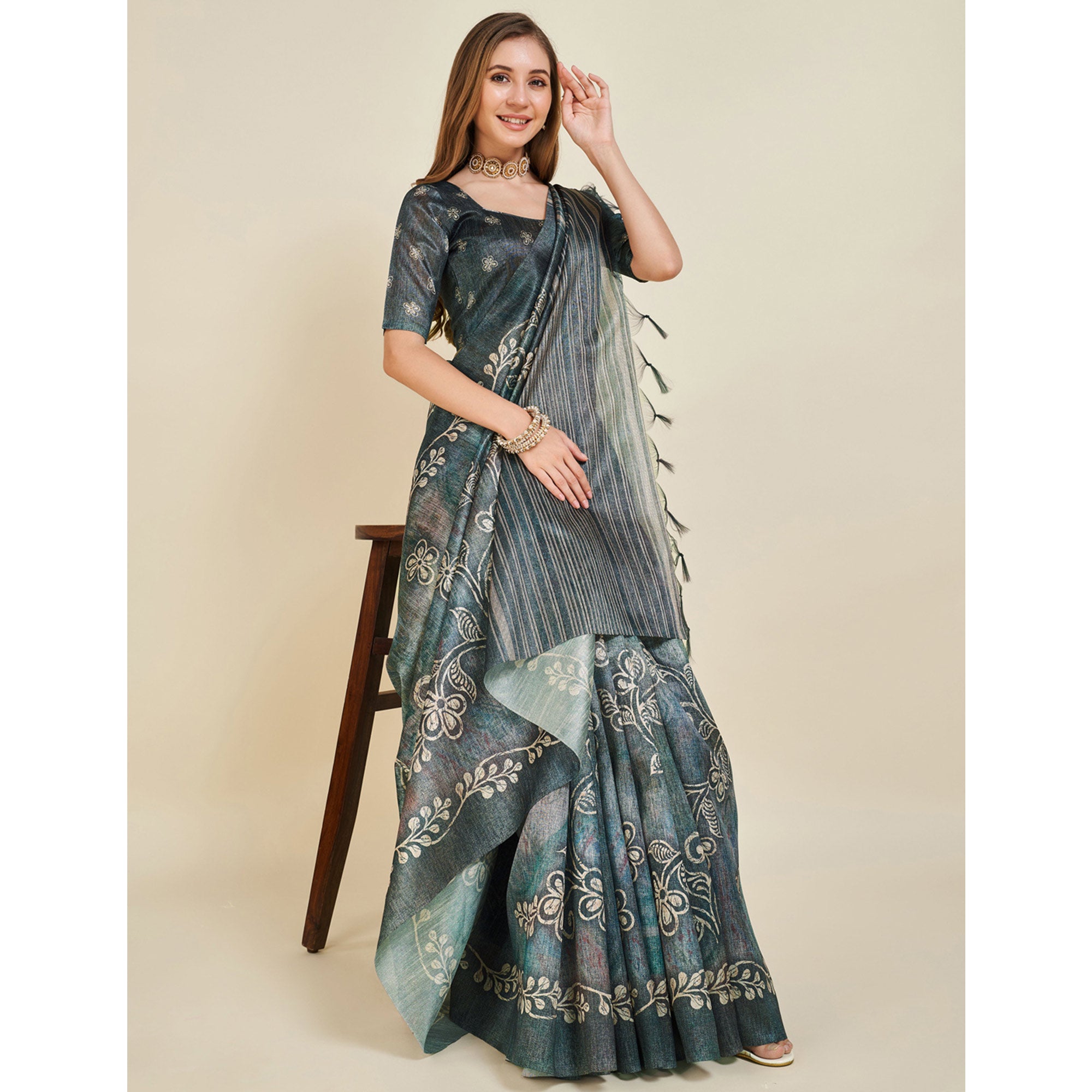 Grey Digital Printed Bhagalpuri Silk Saree With Tassels