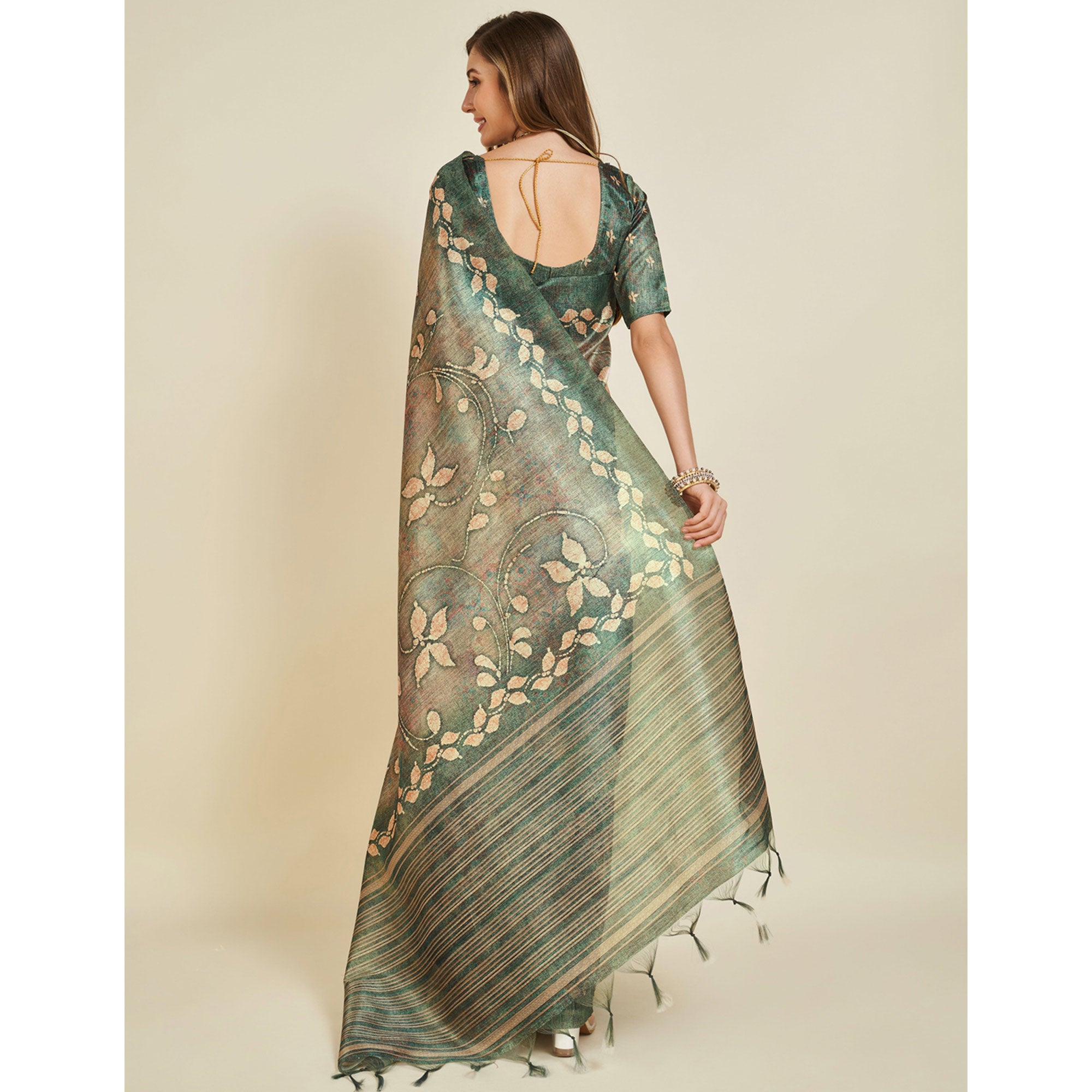 Green Digital Printed Bhagalpuri Silk Saree With Tassels