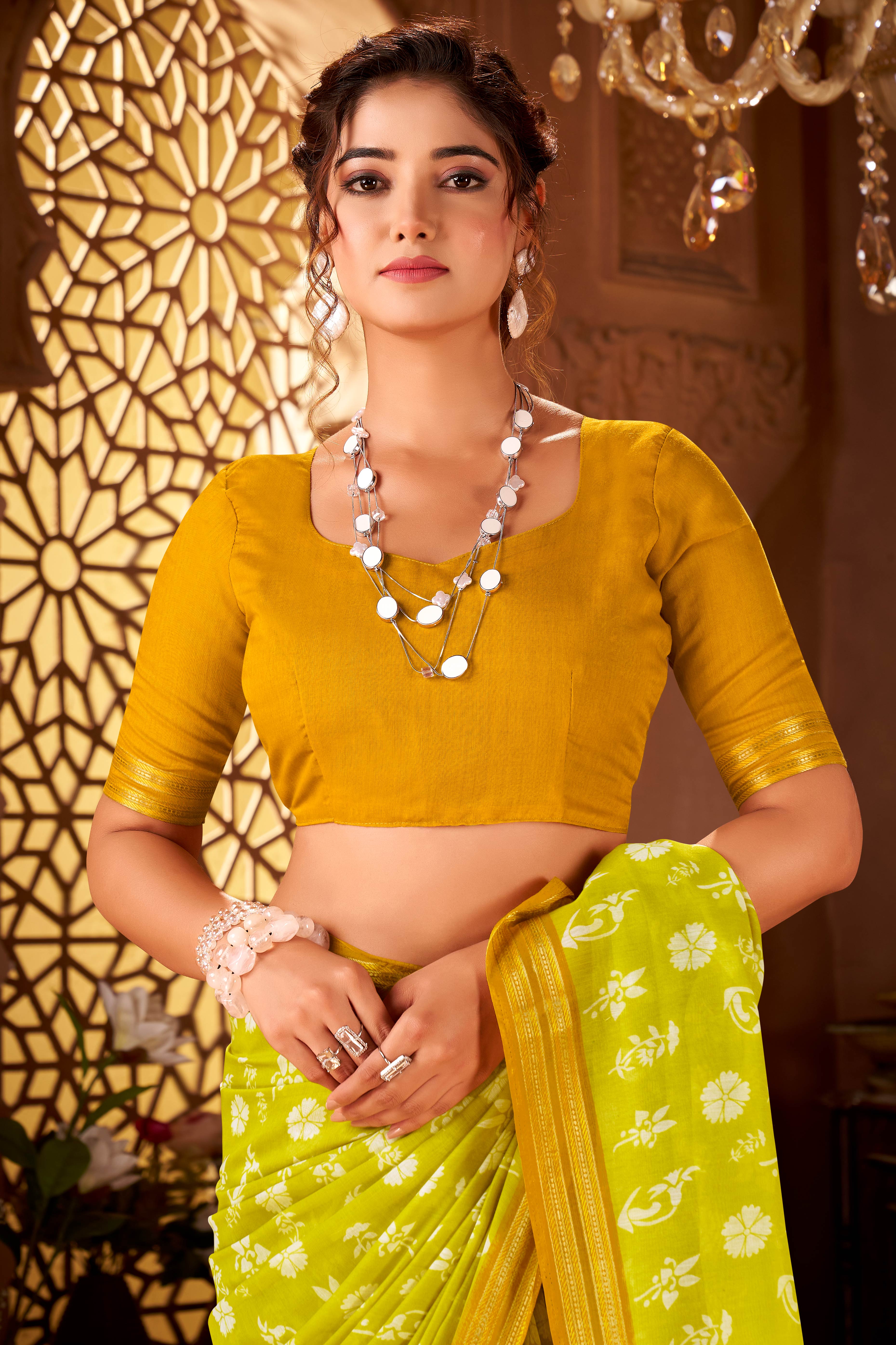 Sophisticated Lemon Green Mulmul Cotton Saree Featuring Delicate Floral Prints & Weaving Border