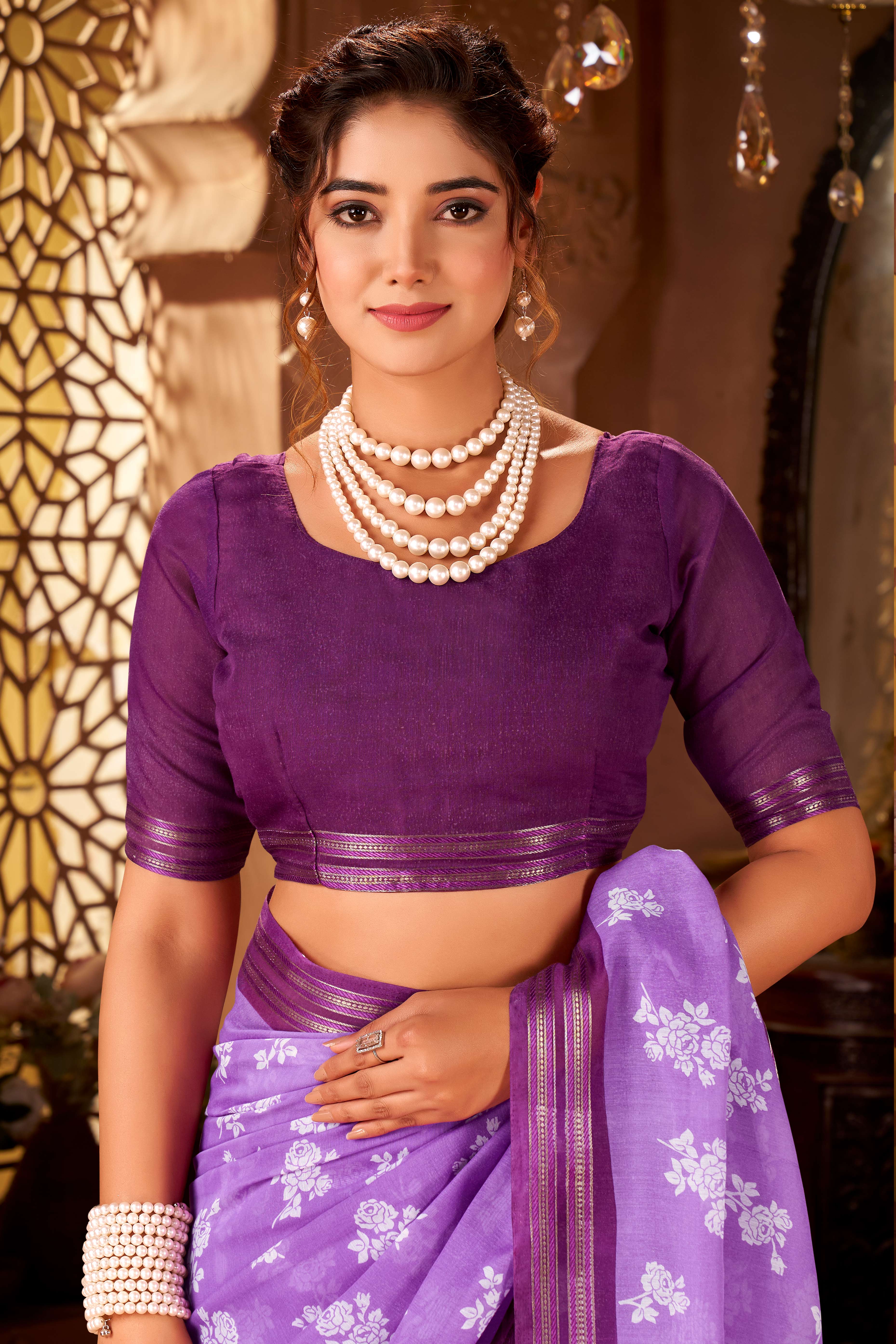 Sophisticated Purple Mulmul Cotton Saree Featuring Delicate Floral Prints & Weaving Border