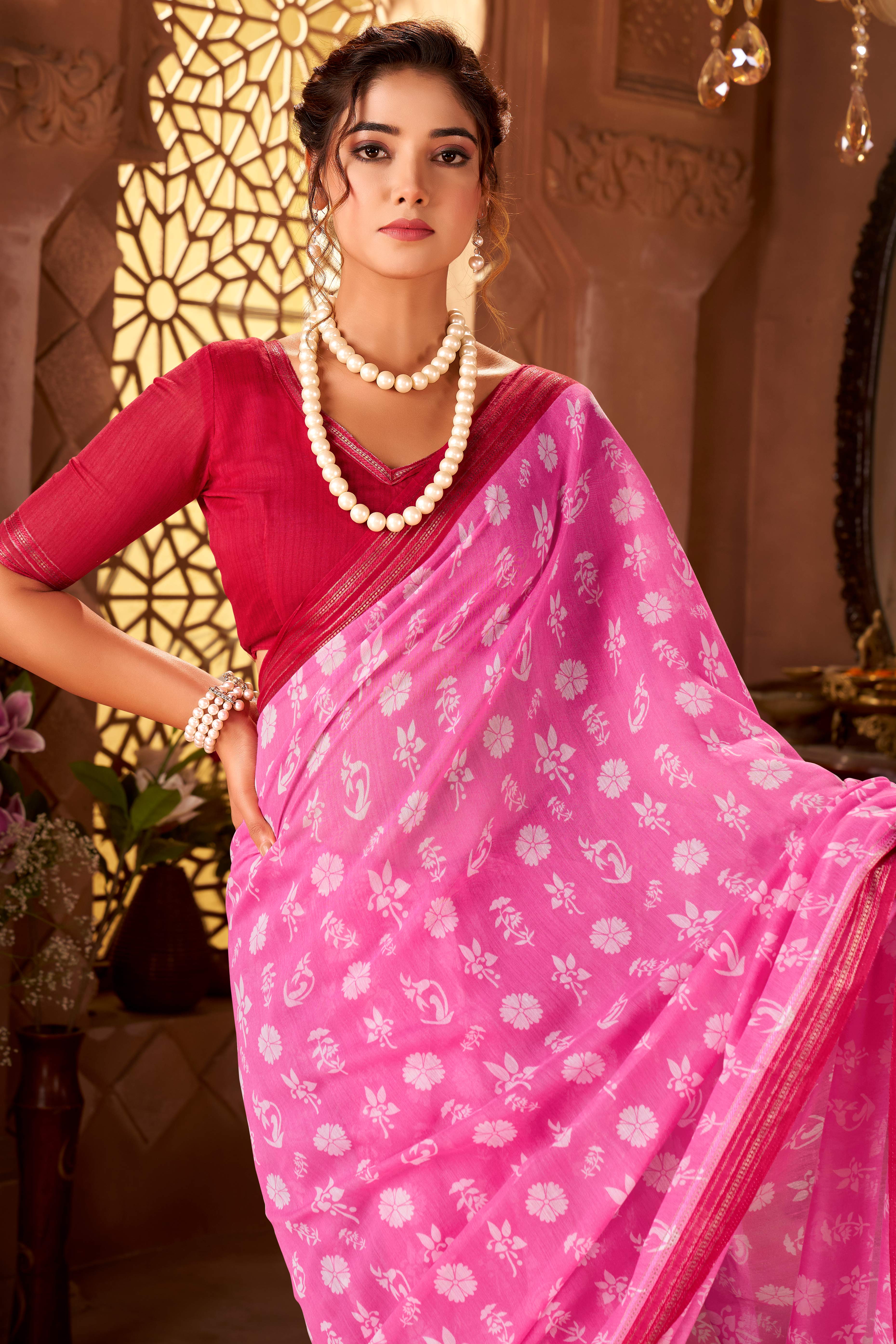 Sophisticated Pink Mulmul Cotton Saree Featuring Delicate Floral Prints & Weaving Border