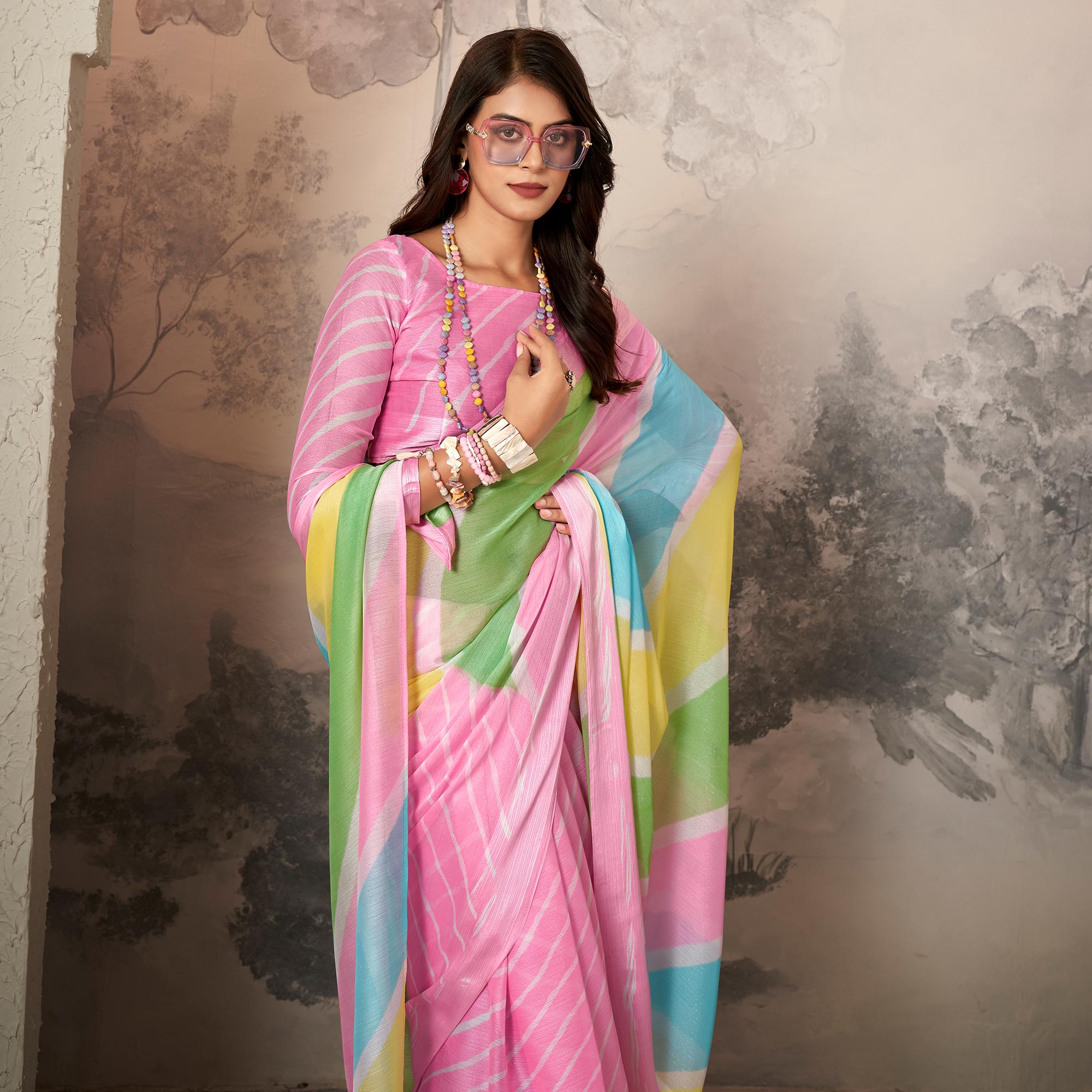 Pink Printed Chiffon Saree