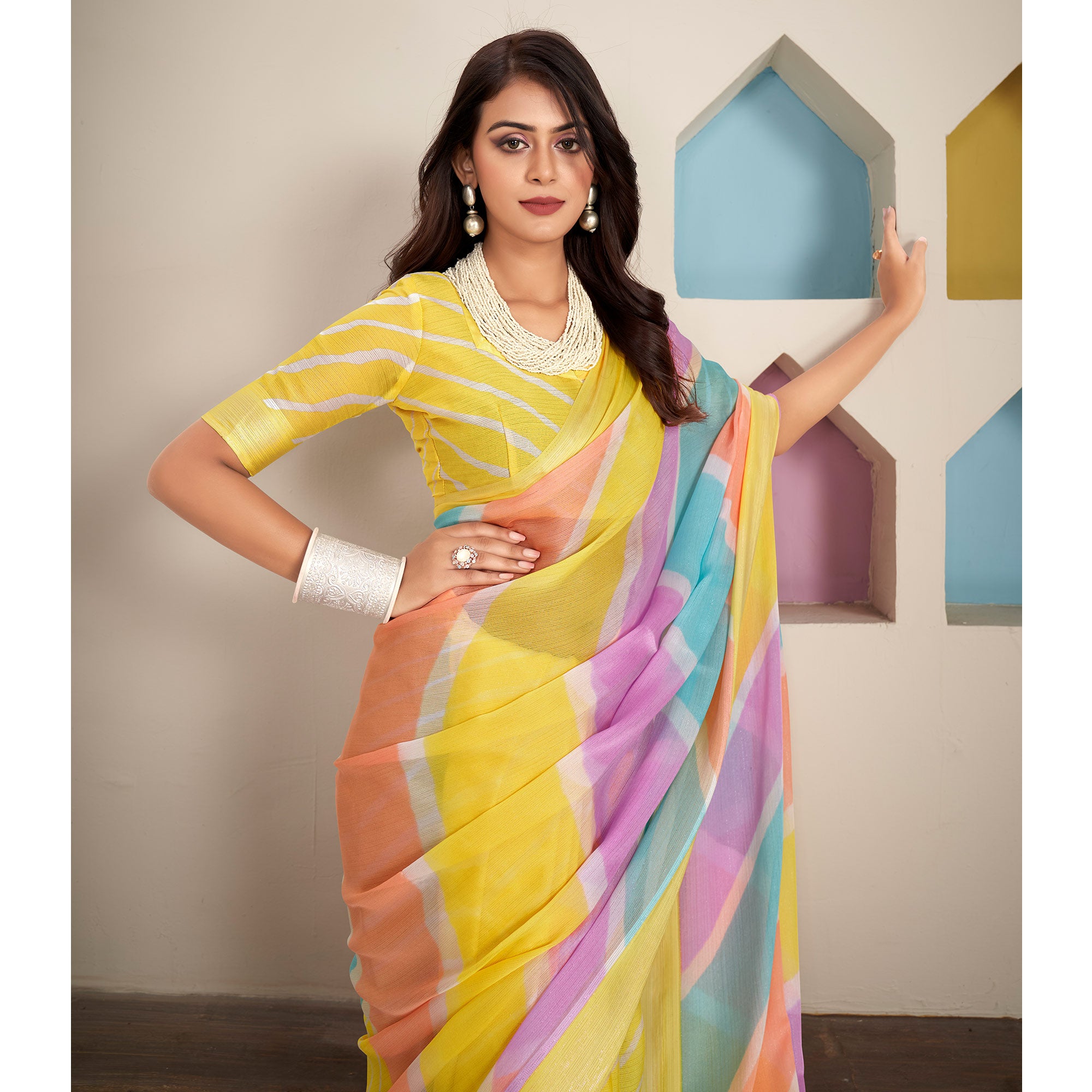 Yellow Printed Chiffon Saree