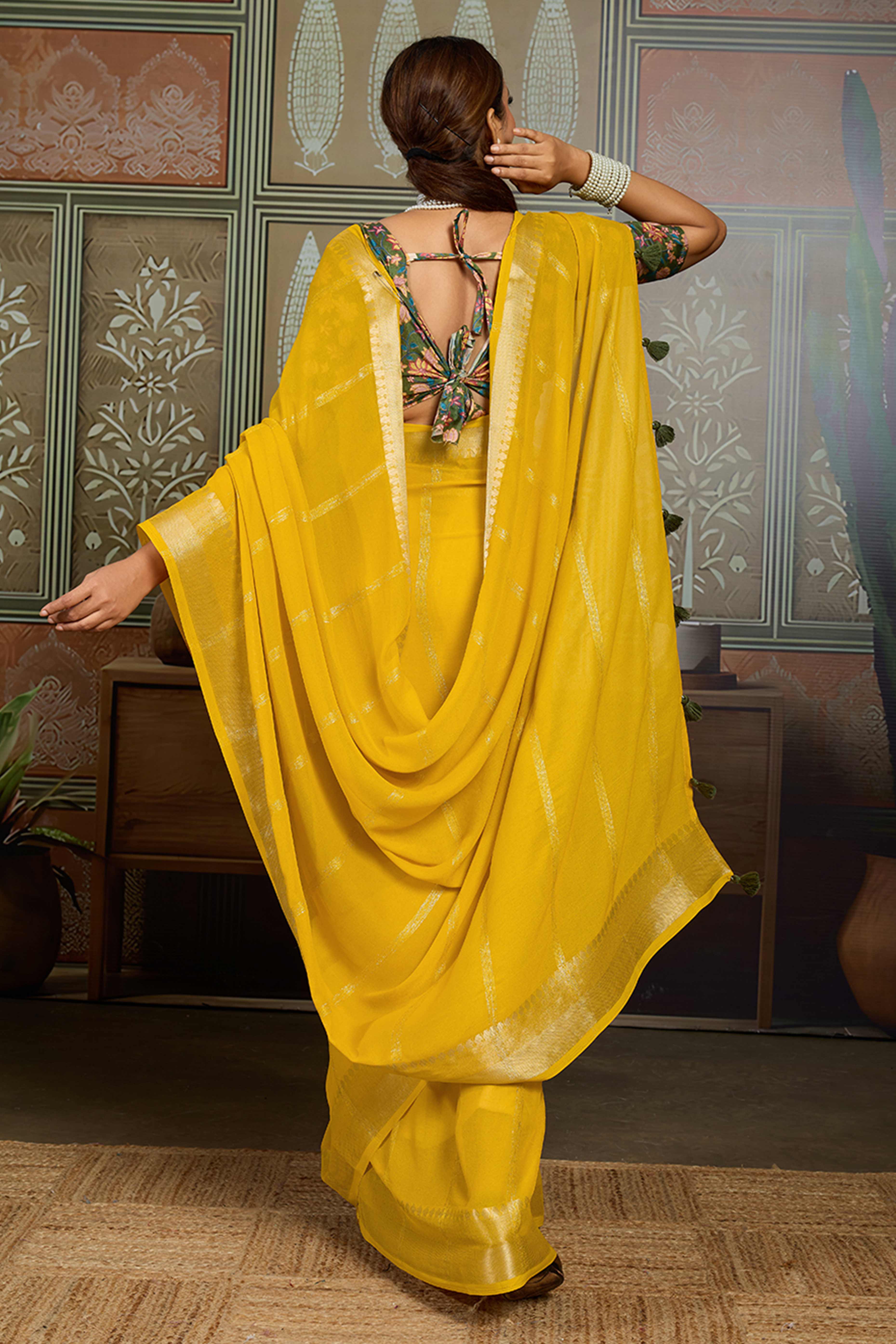 Yellow Striped Pattern Bemberg Saree Adorned With Intricate Zari Weaving & Graceful Tassel Pallu