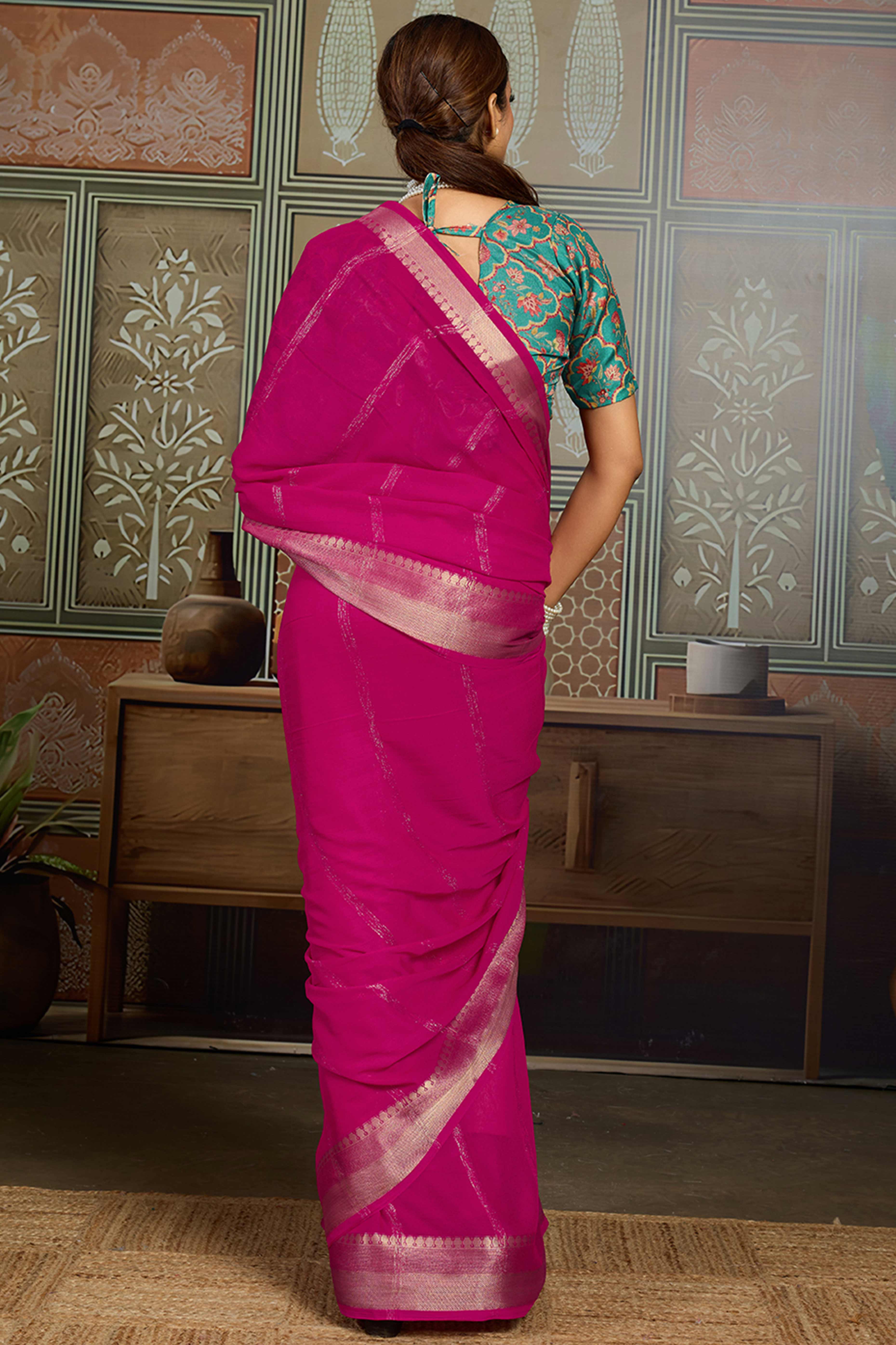 Rani Pink Striped Pattern Bemberg Saree Adorned With Intricate Zari Weaving & Graceful Tassel Pallu