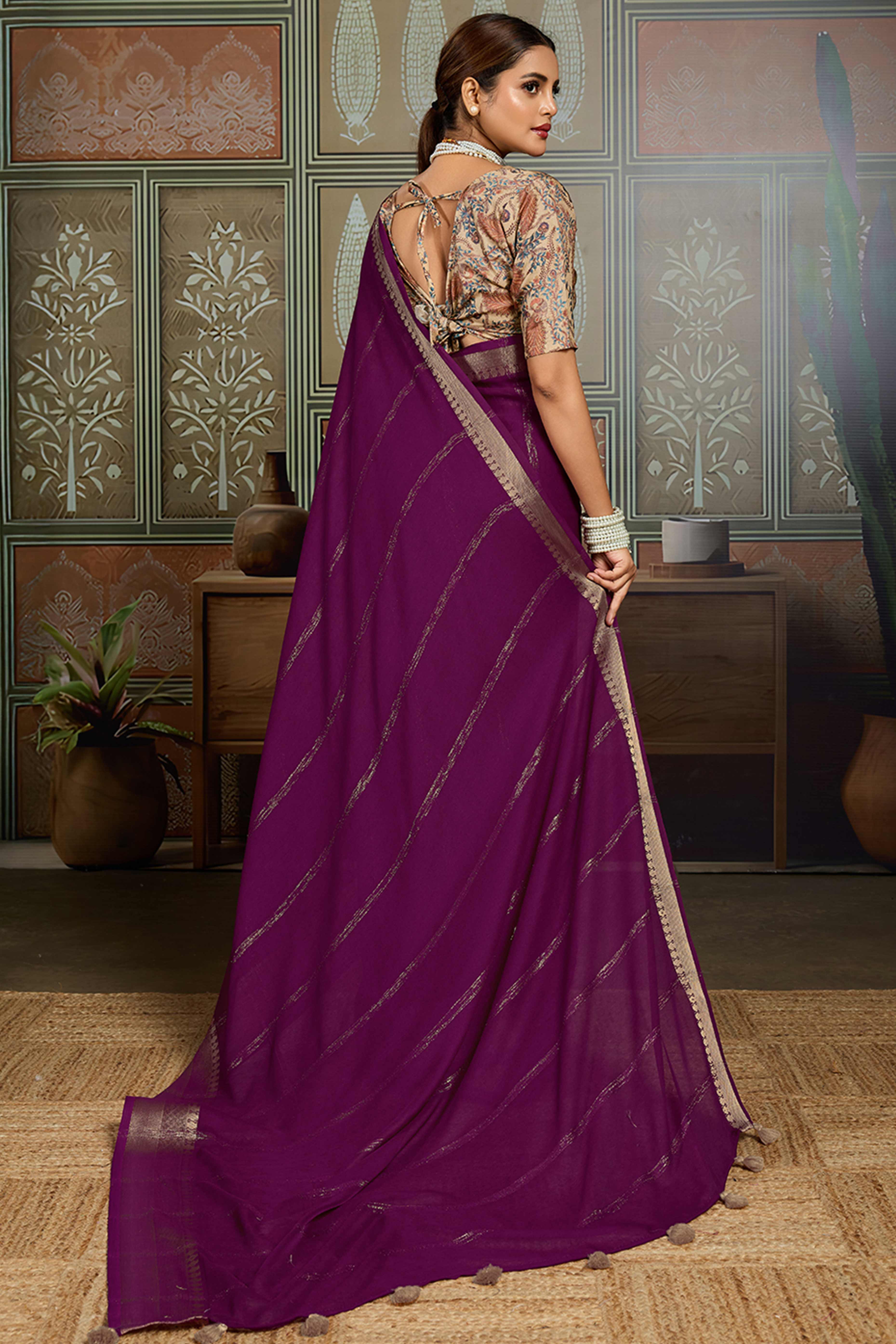 Purple Striped Pattern Bemberg Saree Adorned With Intricate Zari Weaving & Graceful Tassel Pallu