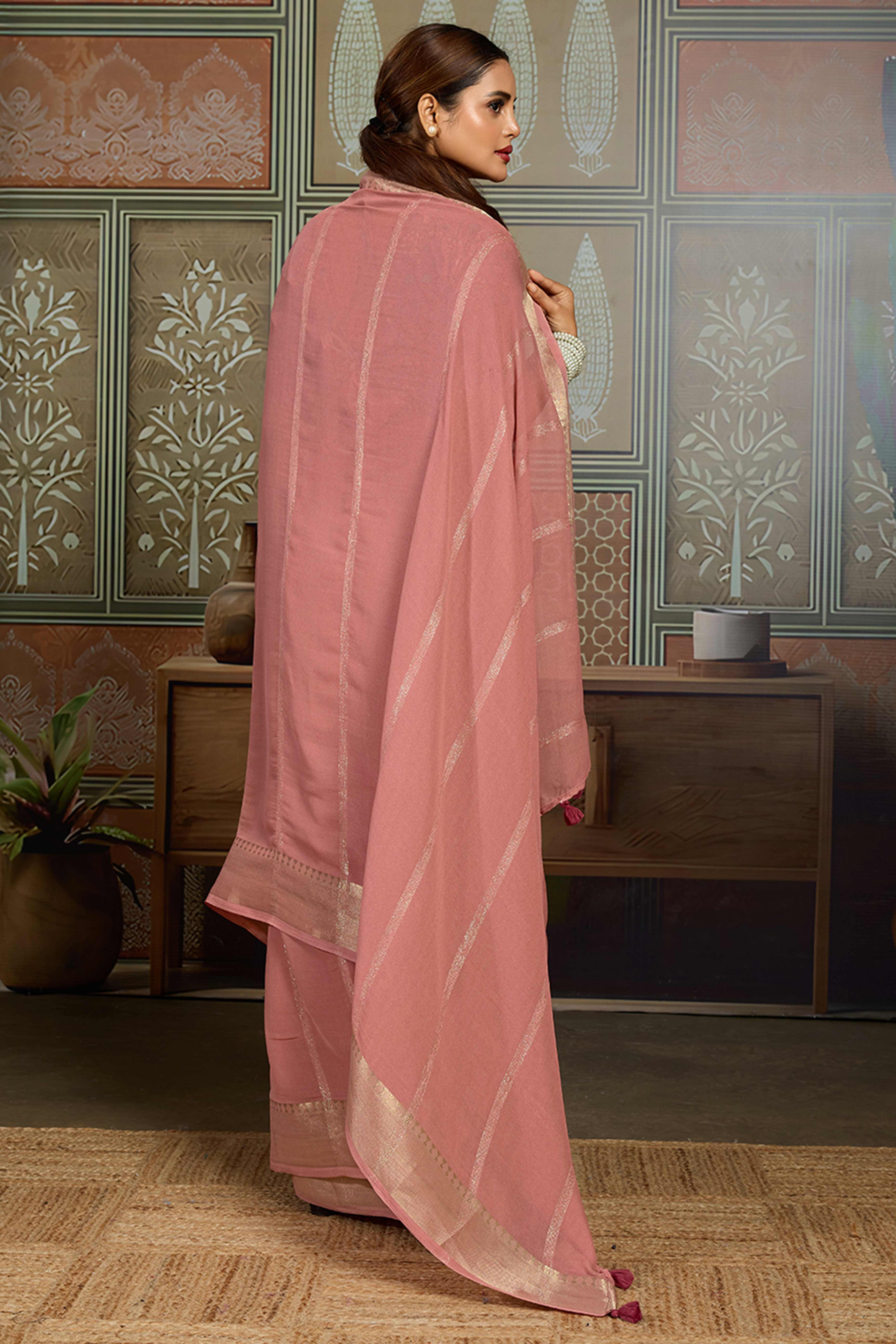 Pink Striped Pattern Bemberg Saree Adorned With Intricate Zari Weaving & Graceful Tassel Pallu