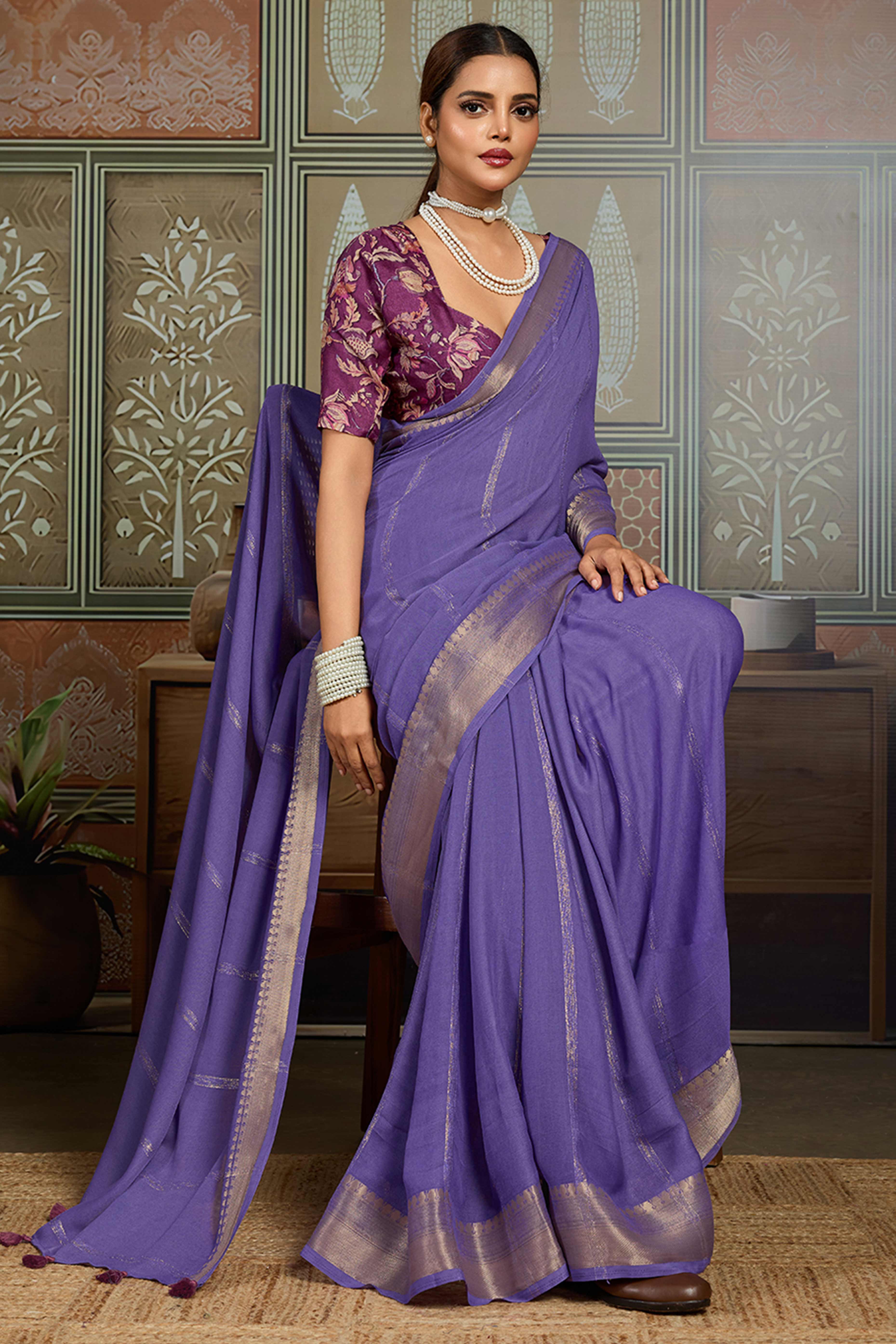 Lavender Striped Pattern Bemberg Saree Adorned With Intricate Zari Weaving & Graceful Tassel Pallu