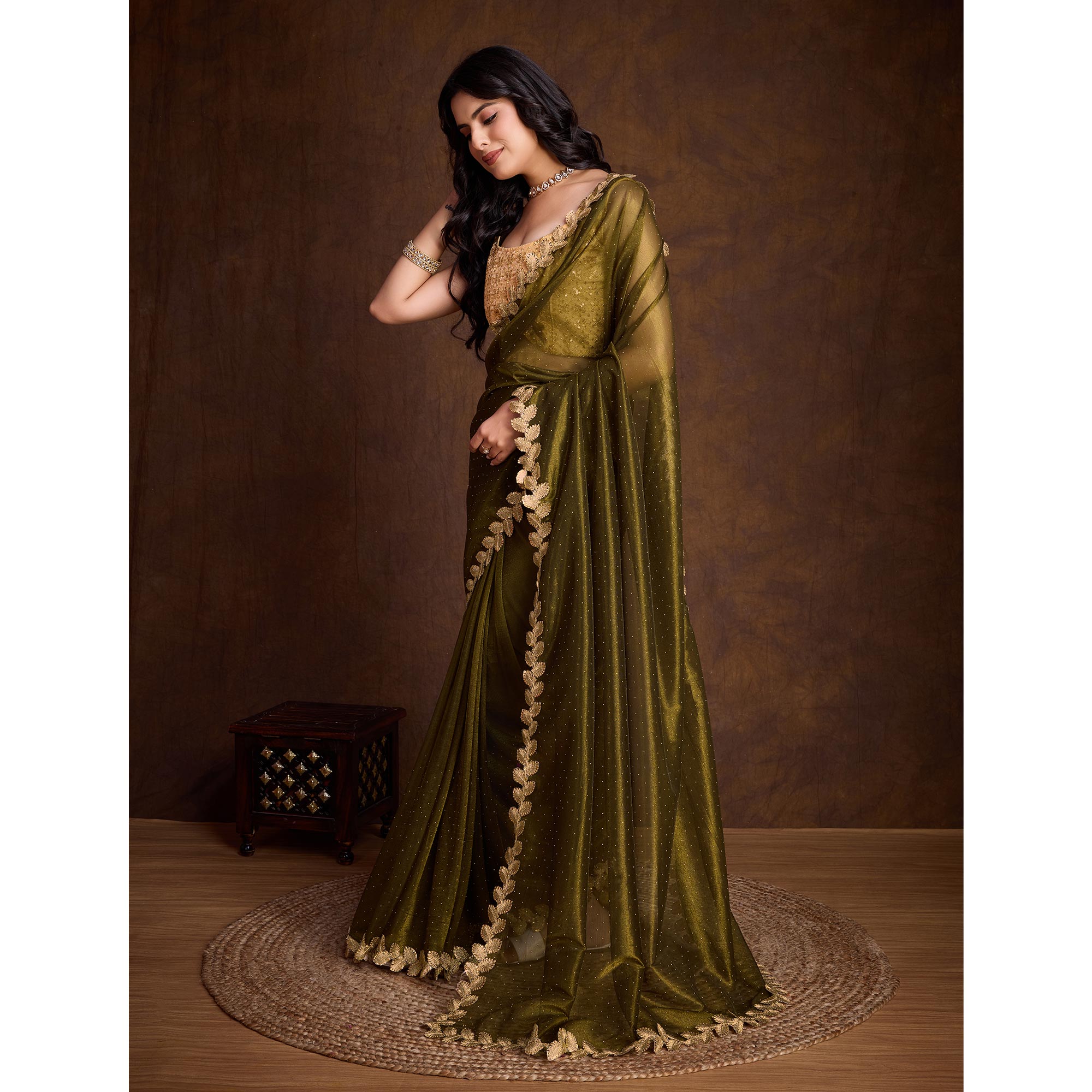 Mehandi Green Swarovski Work Shimmer Net Saree