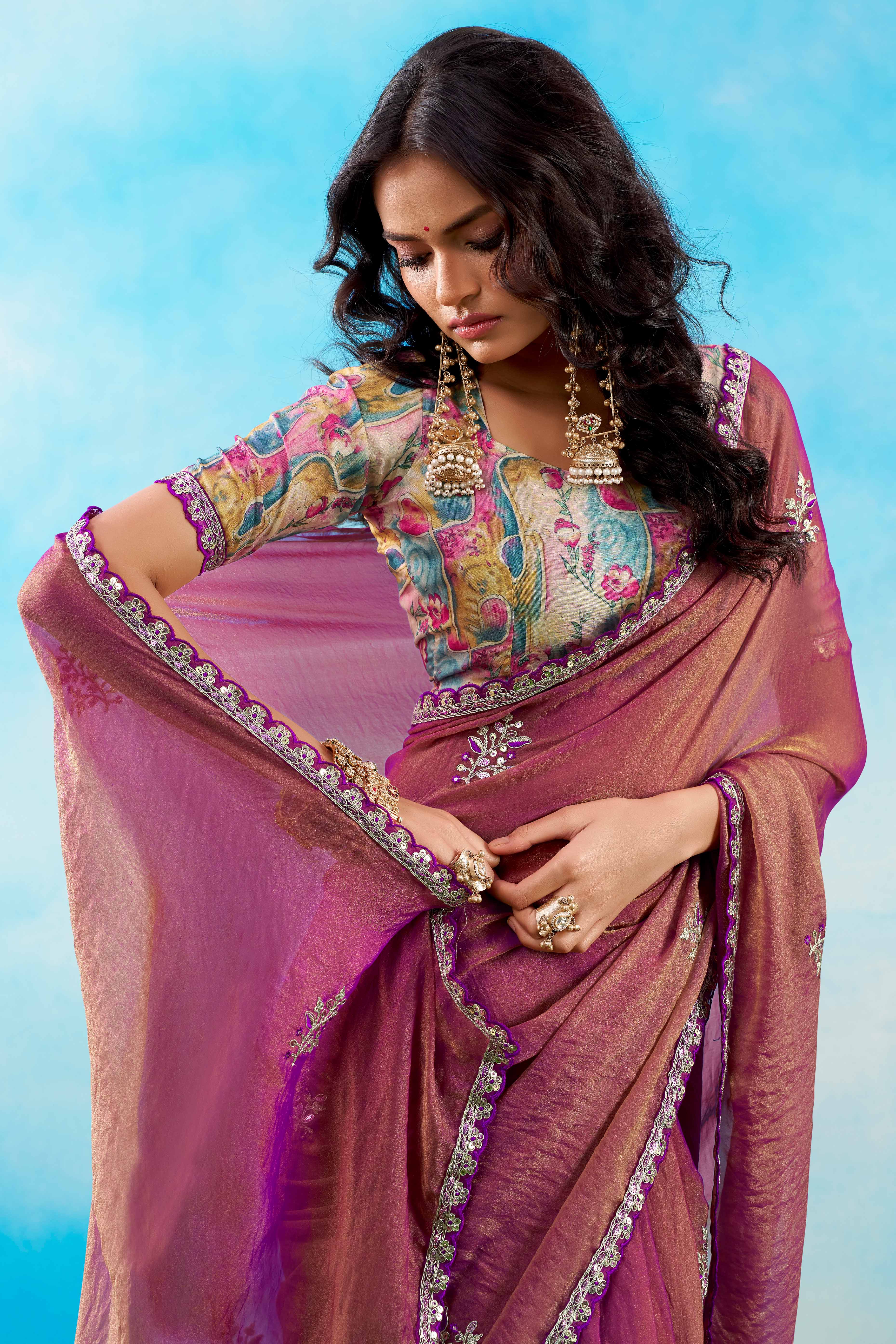 Luxurious Magenta Chiffon Saree Showcasing Floral Sequins Embroidery In A Two Tone Finish
