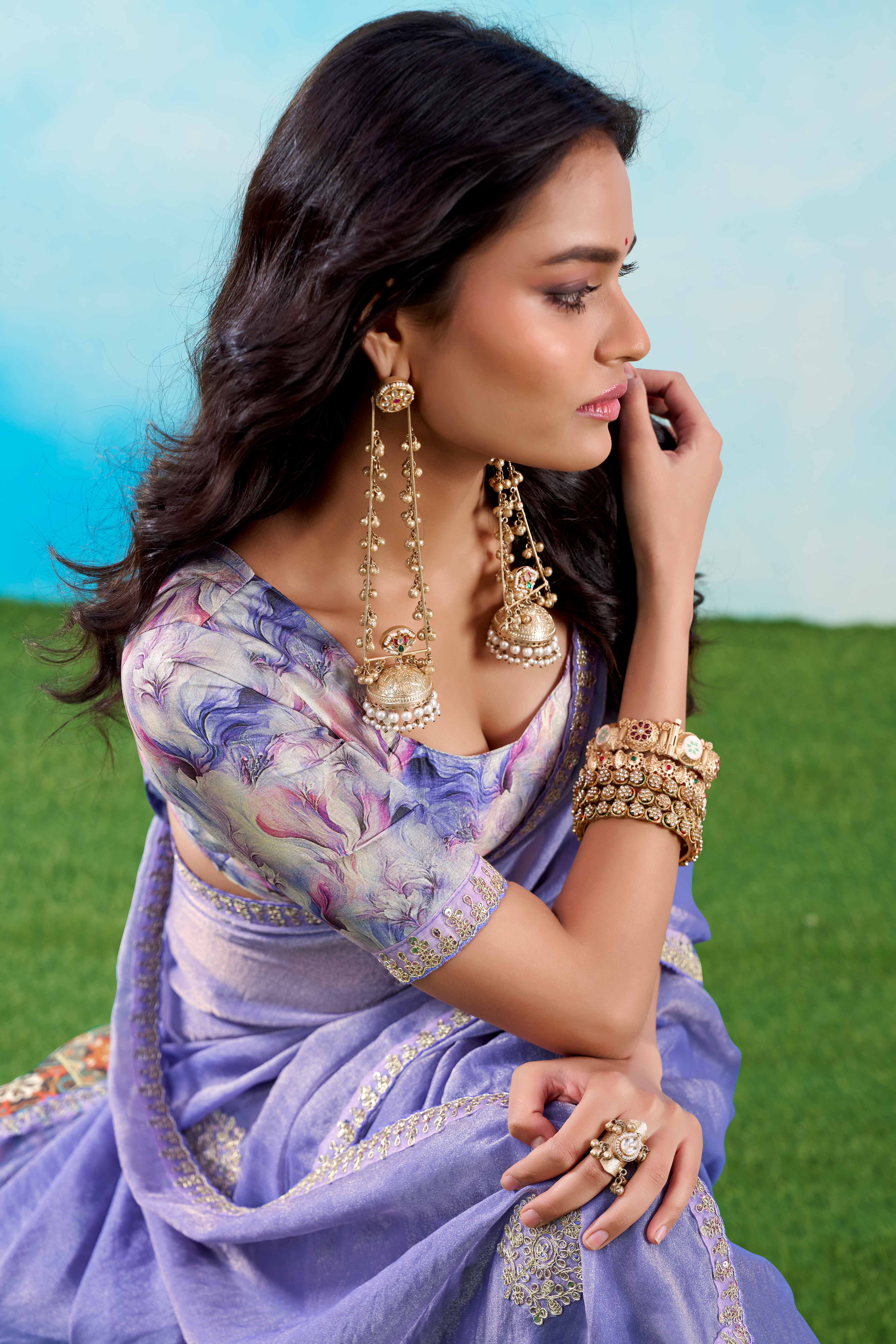 Luxurious Lavender Chiffon Saree Showcasing Floral Sequins Embroidery In A Two Tone Finish