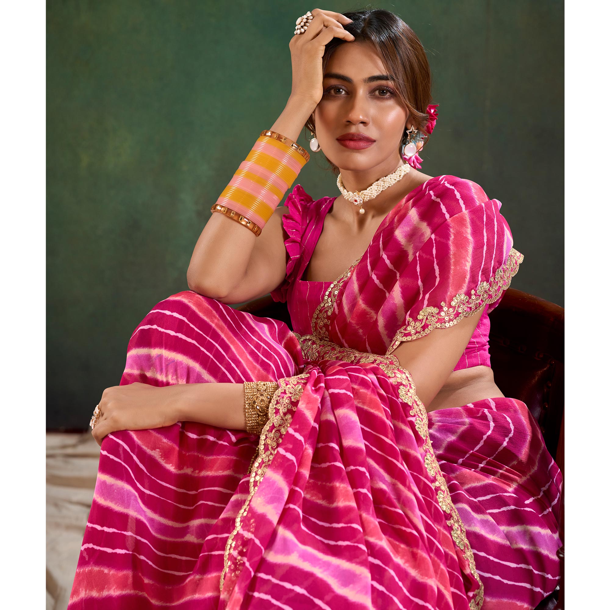 Pink Printed Chiffon Saree With Sequins Border