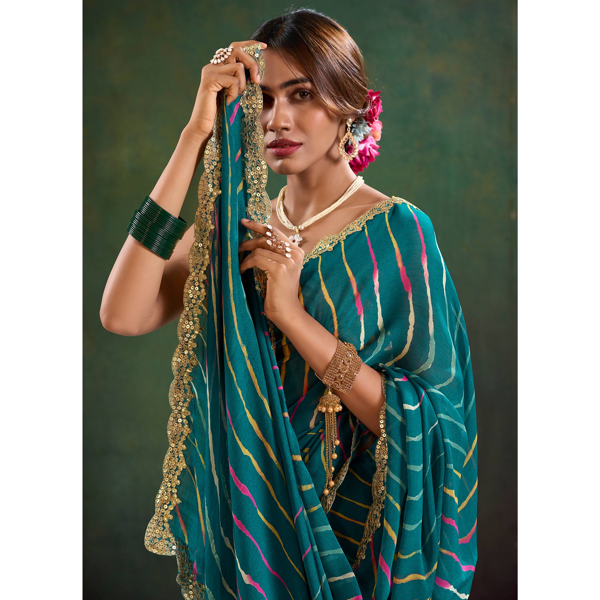 Morpich Green Printed Chiffon Saree With Sequins Border