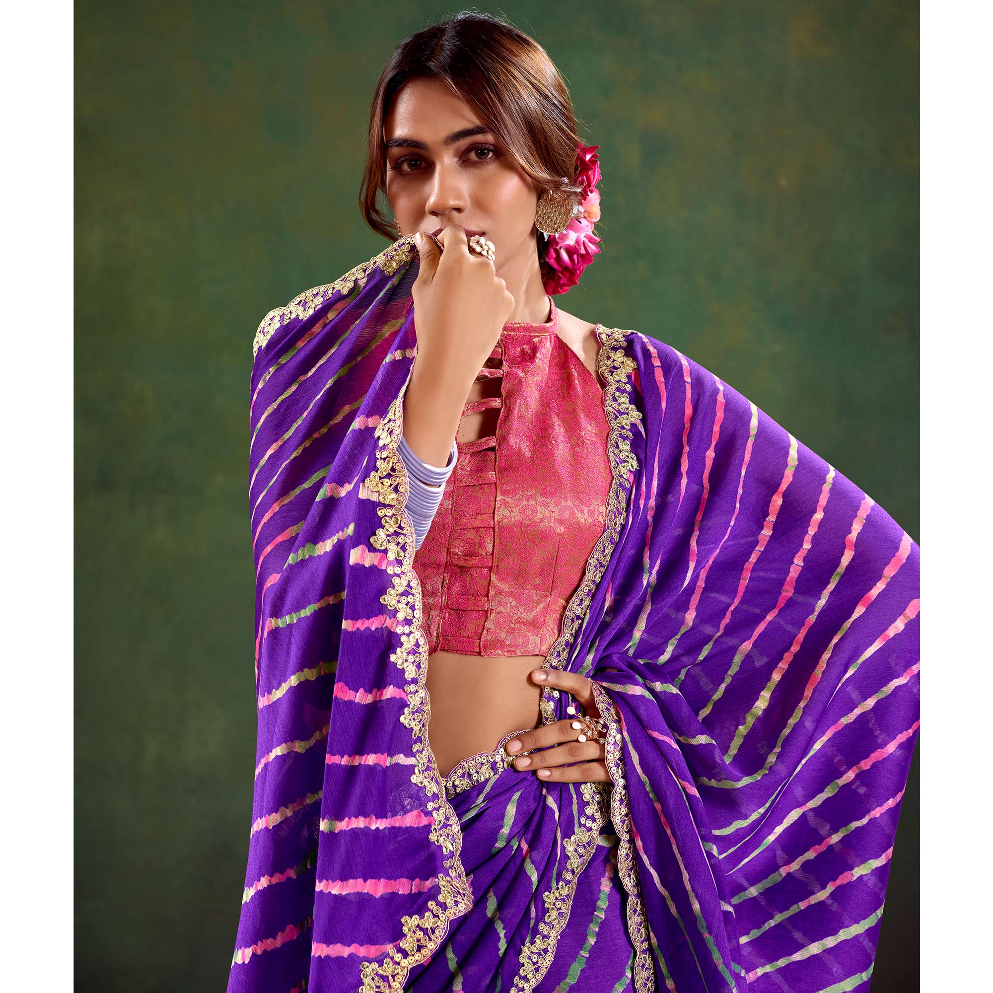 Violet Printed Chiffon Saree With Sequins Border