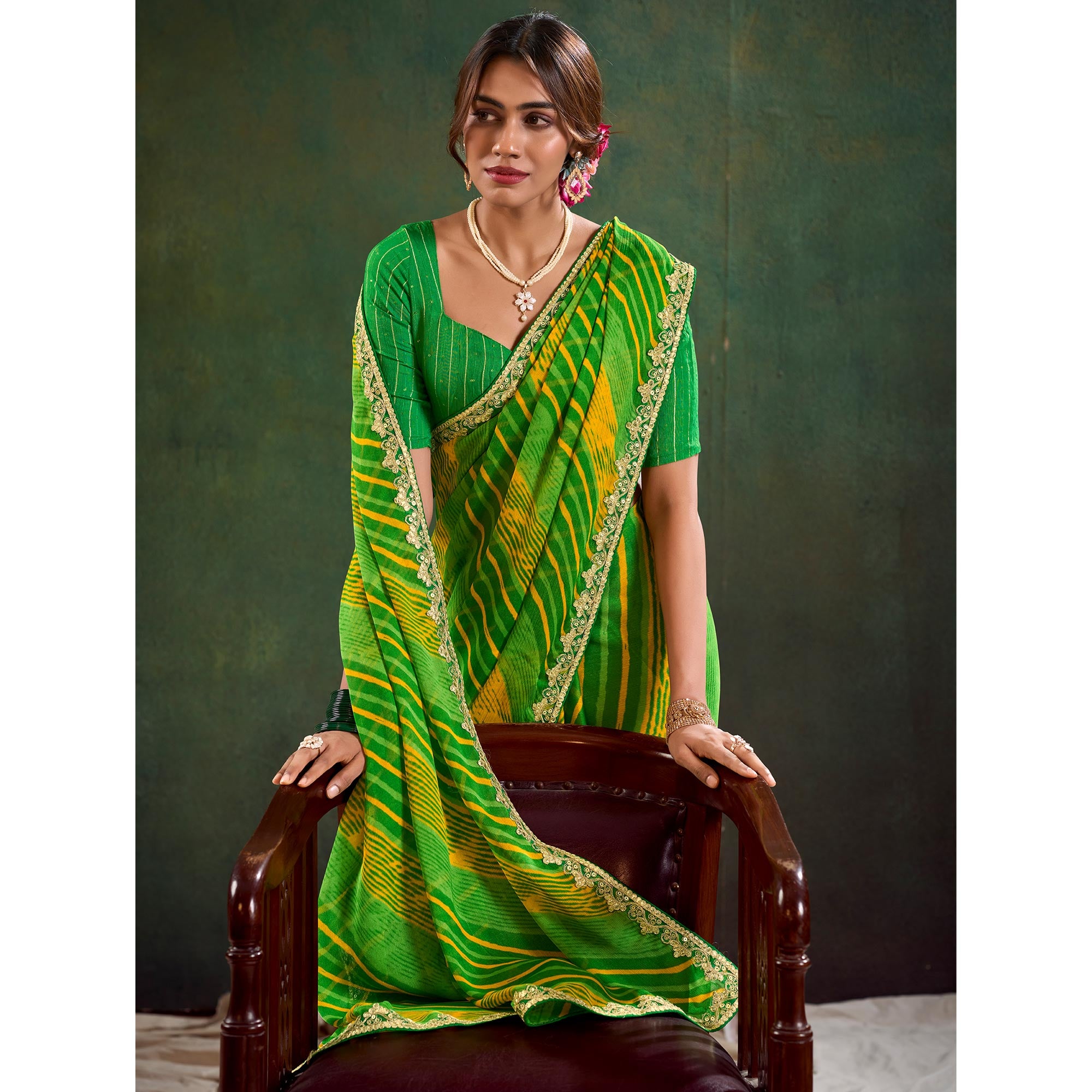 Green Printed Chiffon Saree With Sequins Border