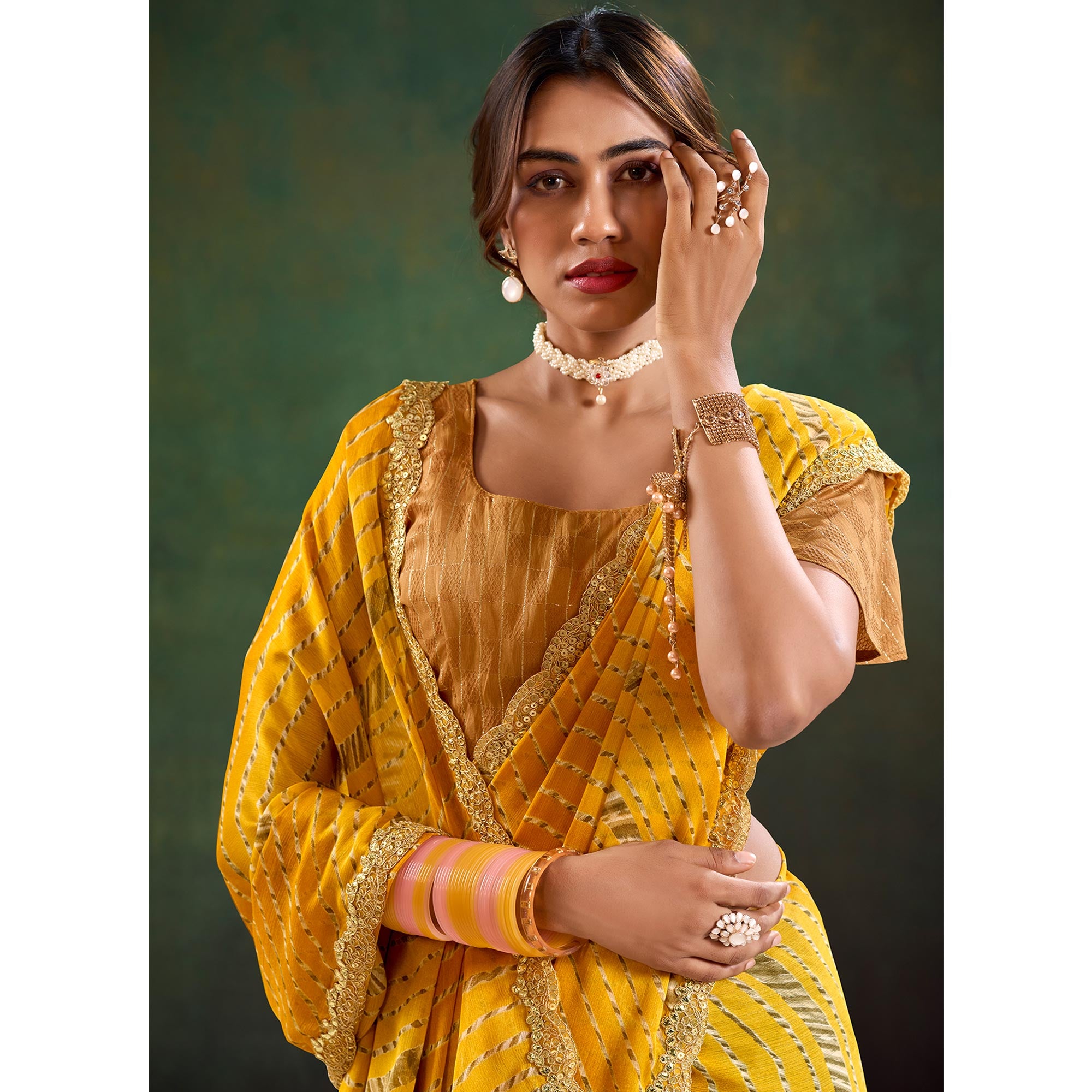 Mustard Printed Chiffon Saree With Sequins Border