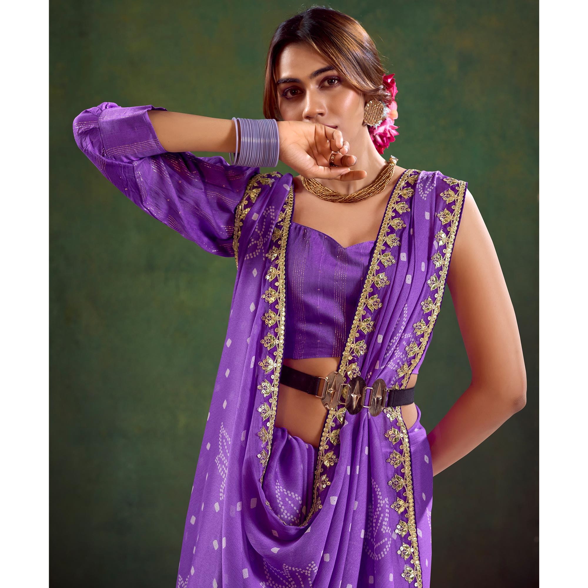 Violet Printed Chiffon Saree With Sequins Border