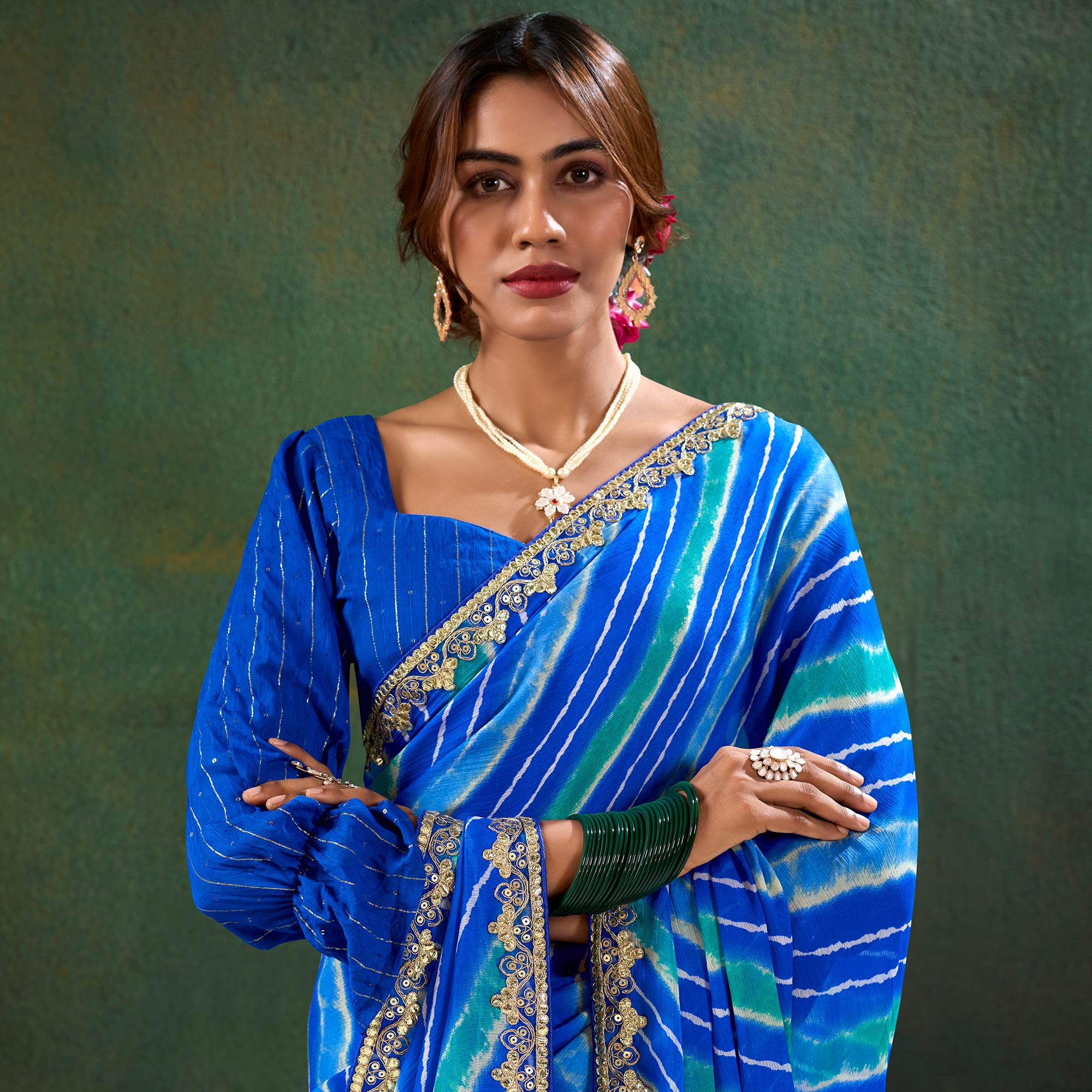 Blue Printed Chiffon Saree With Sequins Border
