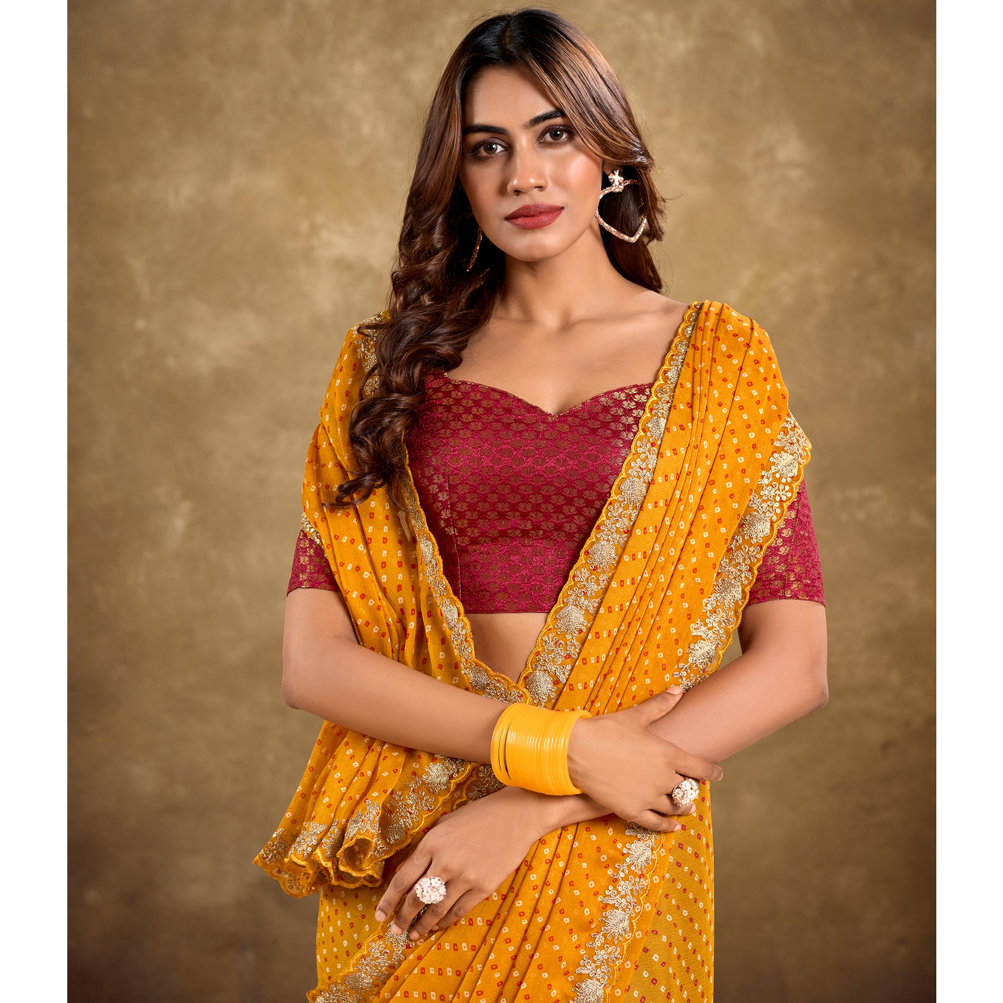 Mustard Printed Chiffon Saree With Sequins Border