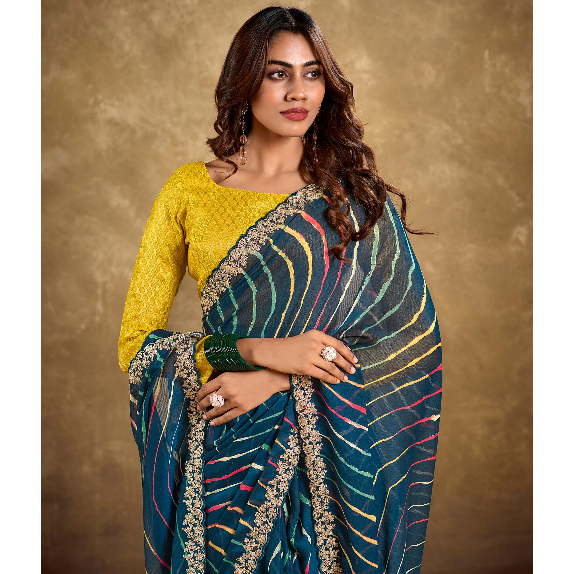 Morpich Blue Printed Chiffon Saree With Sequins Border