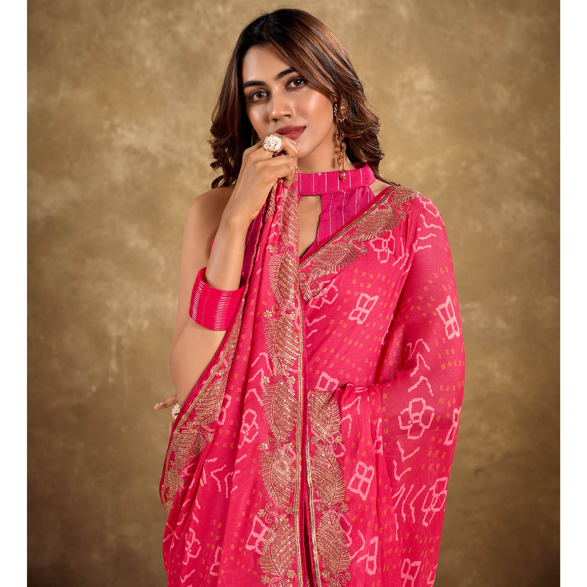 Pink Printed Chiffon Saree With Sequins Border